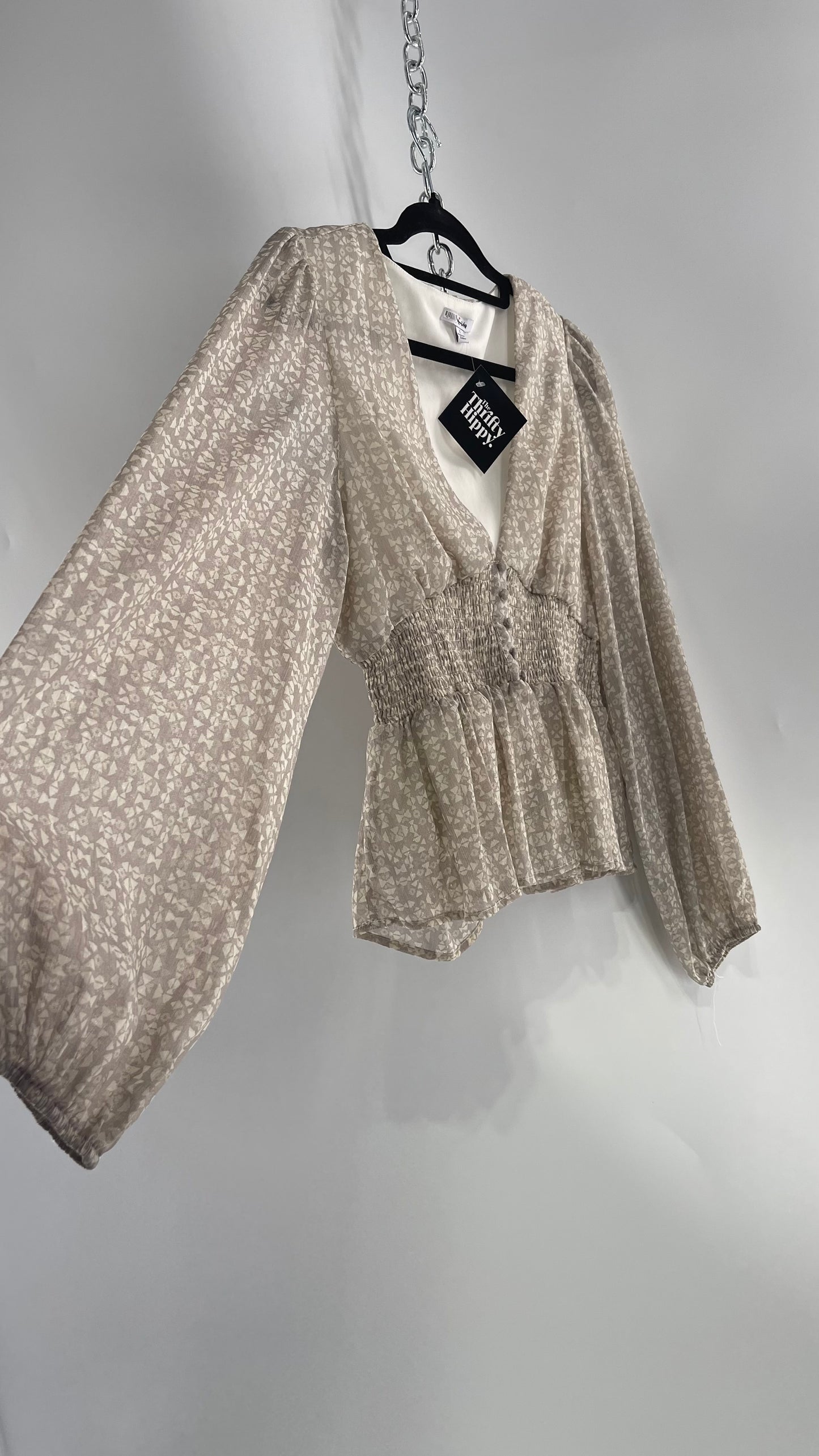 Anthropologie Light Gray Glitter/Shimmer Balloon Sleeve, Smocked Waist, Button Front Blouse (Large)