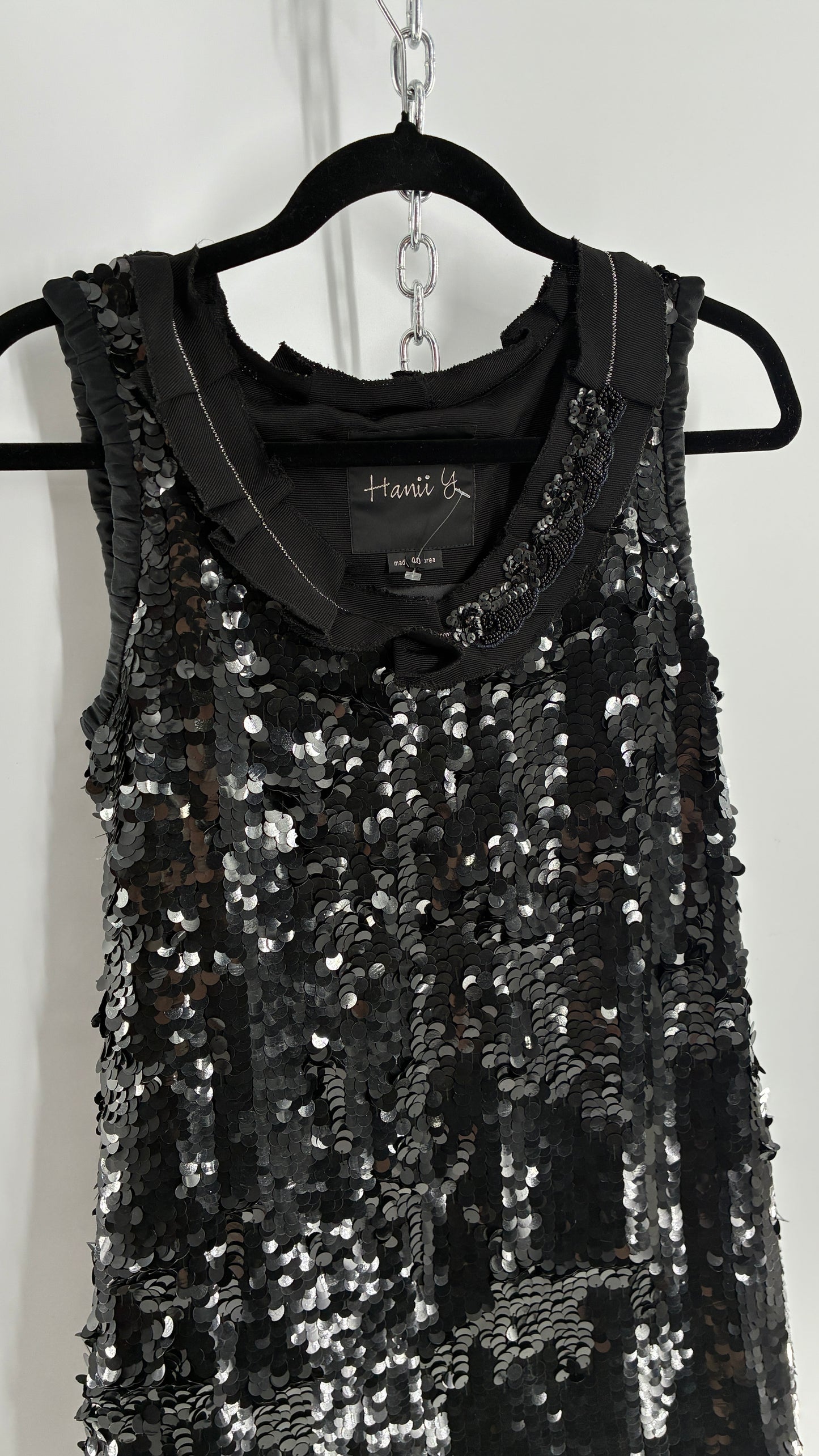 HANII Y. Black Sequin Mini Dress with Beaded, Pleated Ribbon Neckline and Bubble Hem (40)