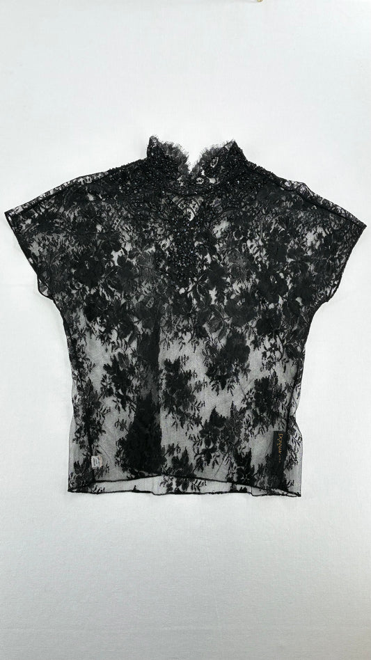 Vintage DONNA KARAN New York Ombré Floral Lace Mock Neck Beaded Blouse (6)