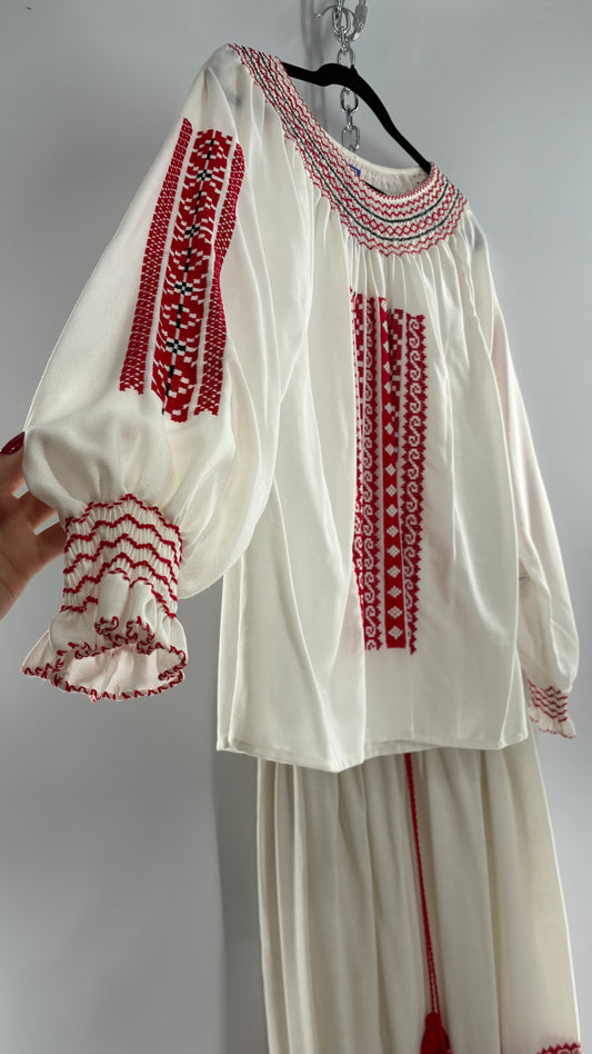 Vintage 1970s LUX FOLKLOR Budapest Handmade Cotton Long Sleeve and Skirt Covered in Red Embroidery and Stitching