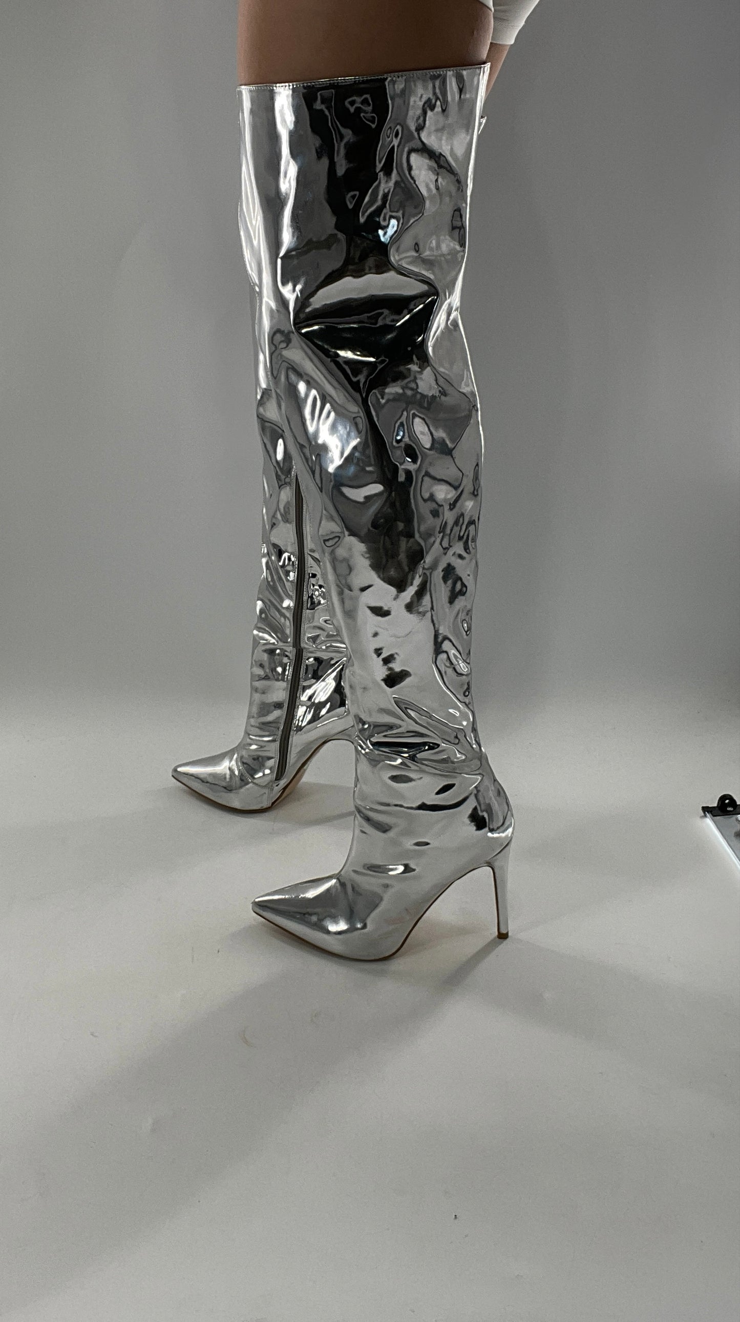 Vintage Chrome Platinum Mirrored Thigh High Molten Metal Sky High Boots Space Cadet/Concert (7)