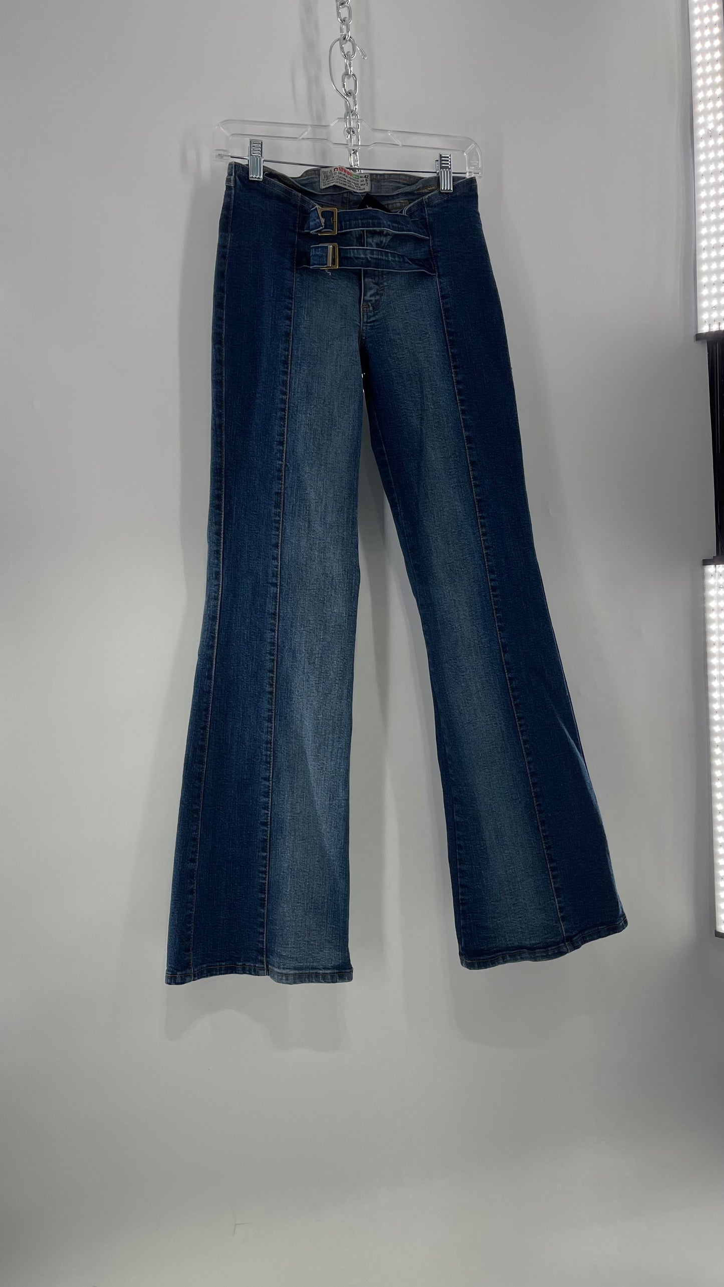 Vintage NewMax Two Toned Paneled Brazilian Jeans with Buckle Jean Strap Closure and Flared Hem (8)