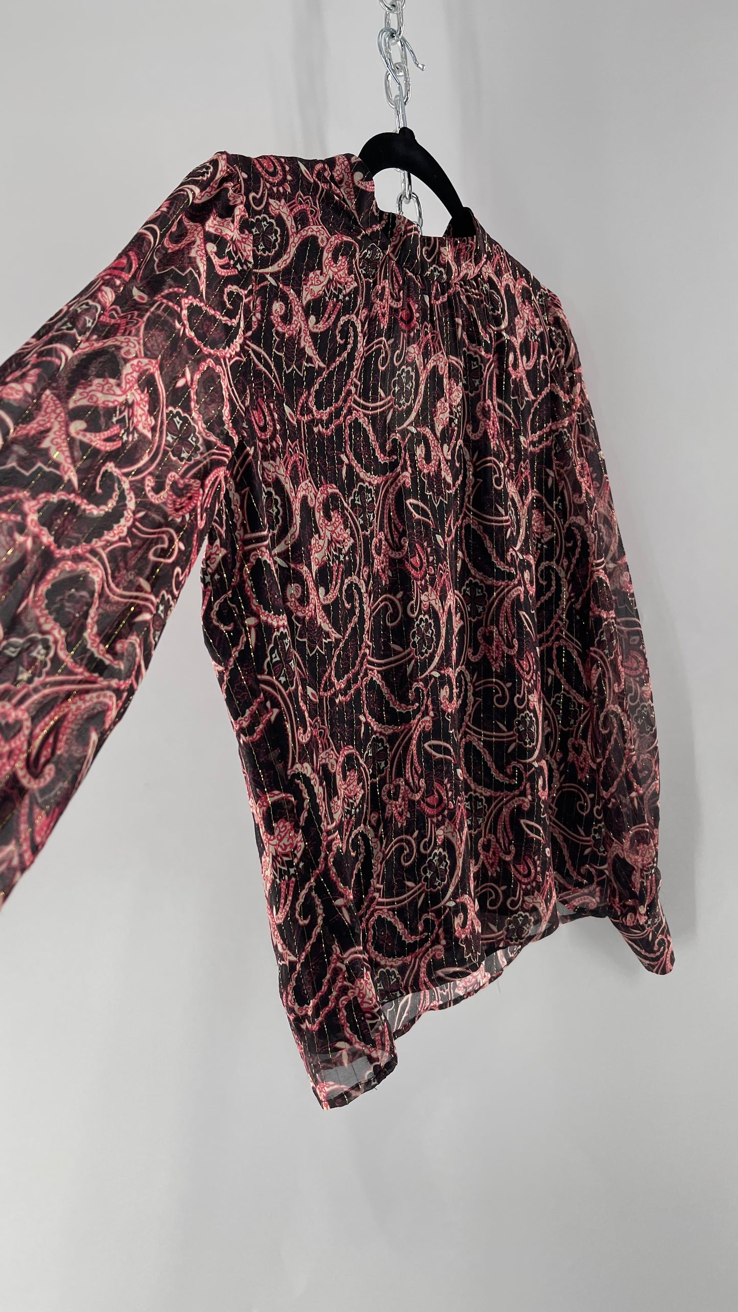 Kachel 95% Silk Black Paisley Blouse with Gold Tinsel Bessie Anthropologie (6)