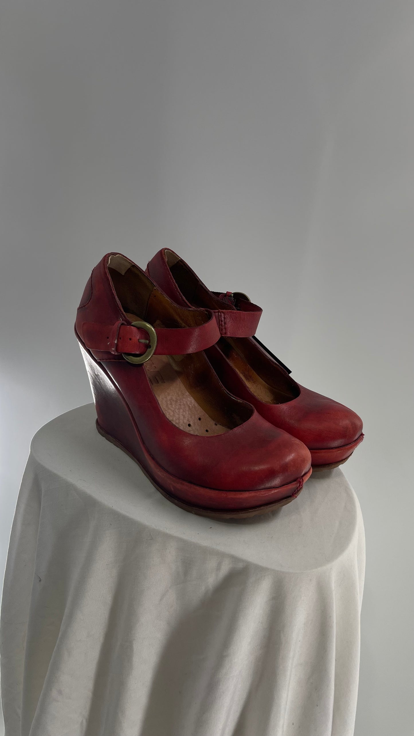 Kork-ease THE BONE Yuli Red Leather Wedge Mary Jane