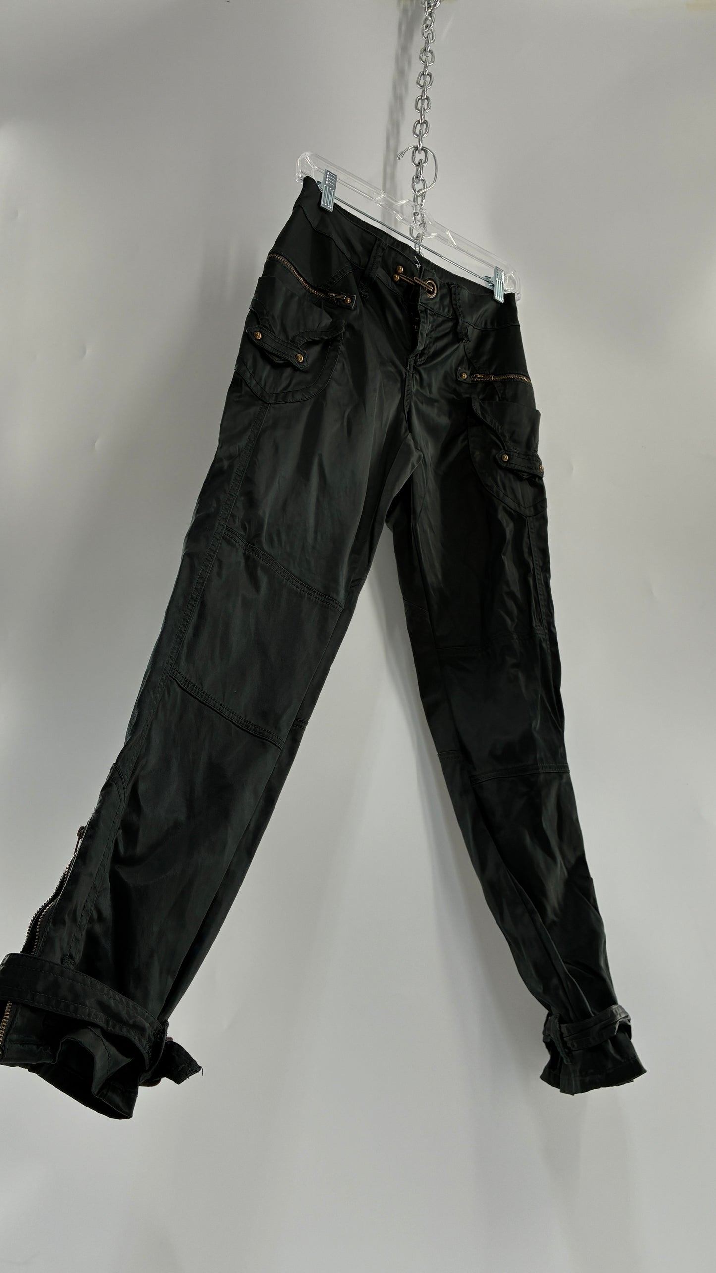 Vintage SUPERSTAR Shiny Low Rise Black Cargos with Heavy Brass Hardware, Zippers and Closure (36)