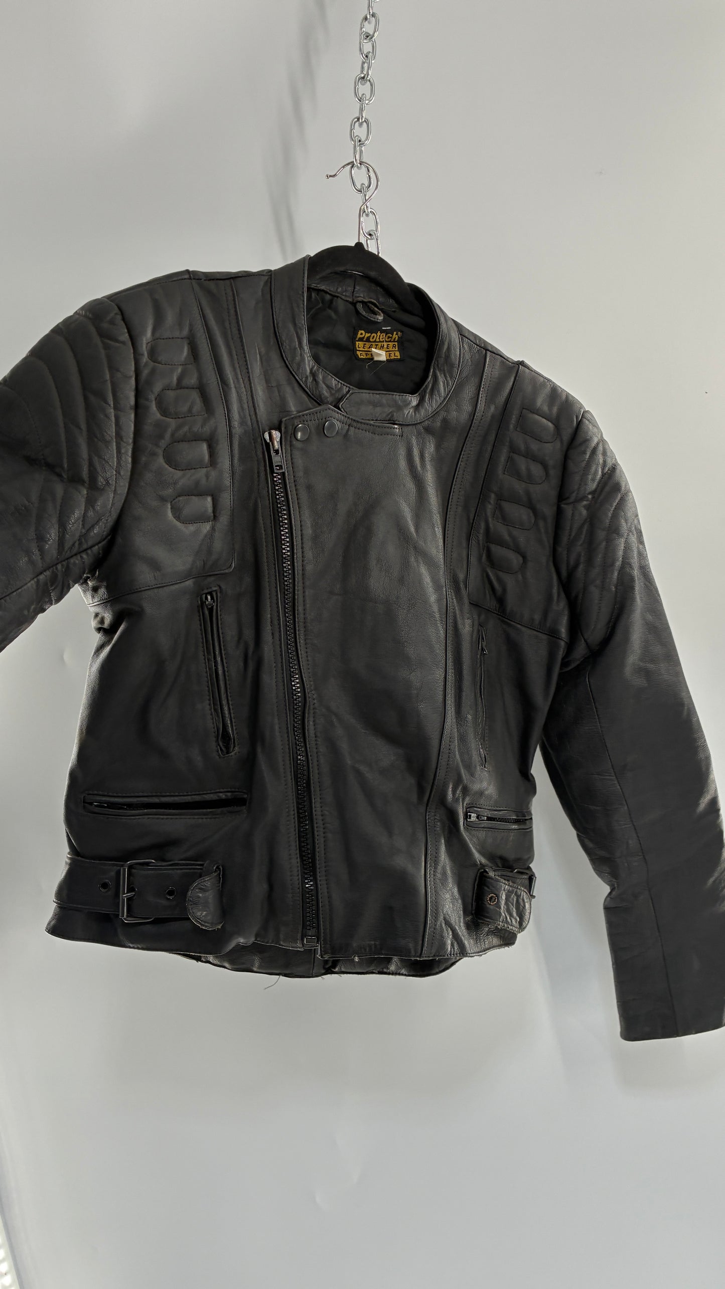 Vintage PROTECH Black Leather Motorcycle Jacket (46)