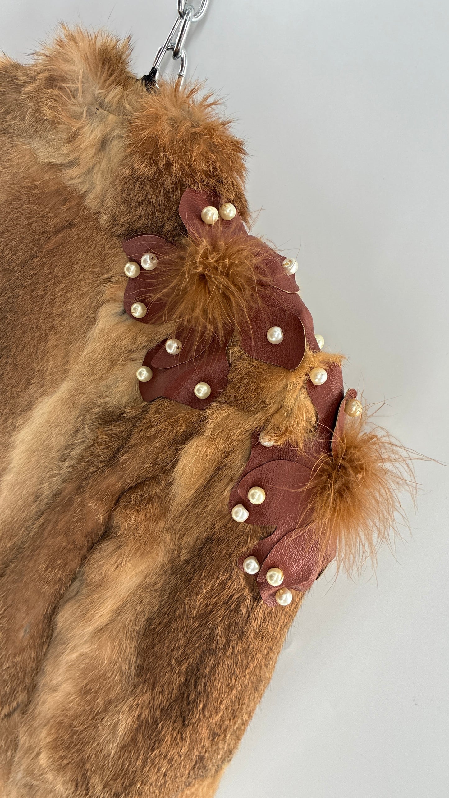 Vintage OPERA Montreal New York Genuine Fur Coat with Pearl Embellished Leather Flower Appliqués (Medium)