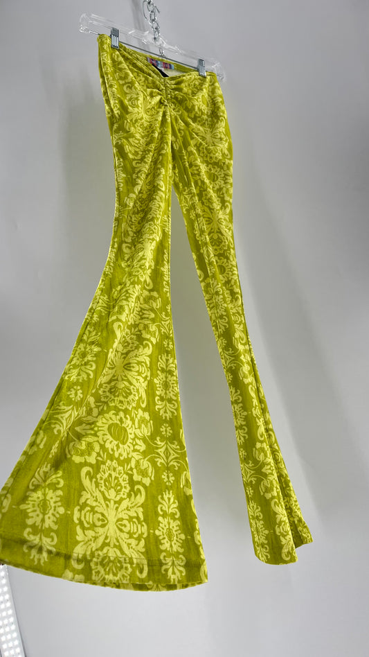 Urban Outfitters Chartreuse Green/Yellow Velvet Lace Patterned Flares with Scrunch Front  (XS)