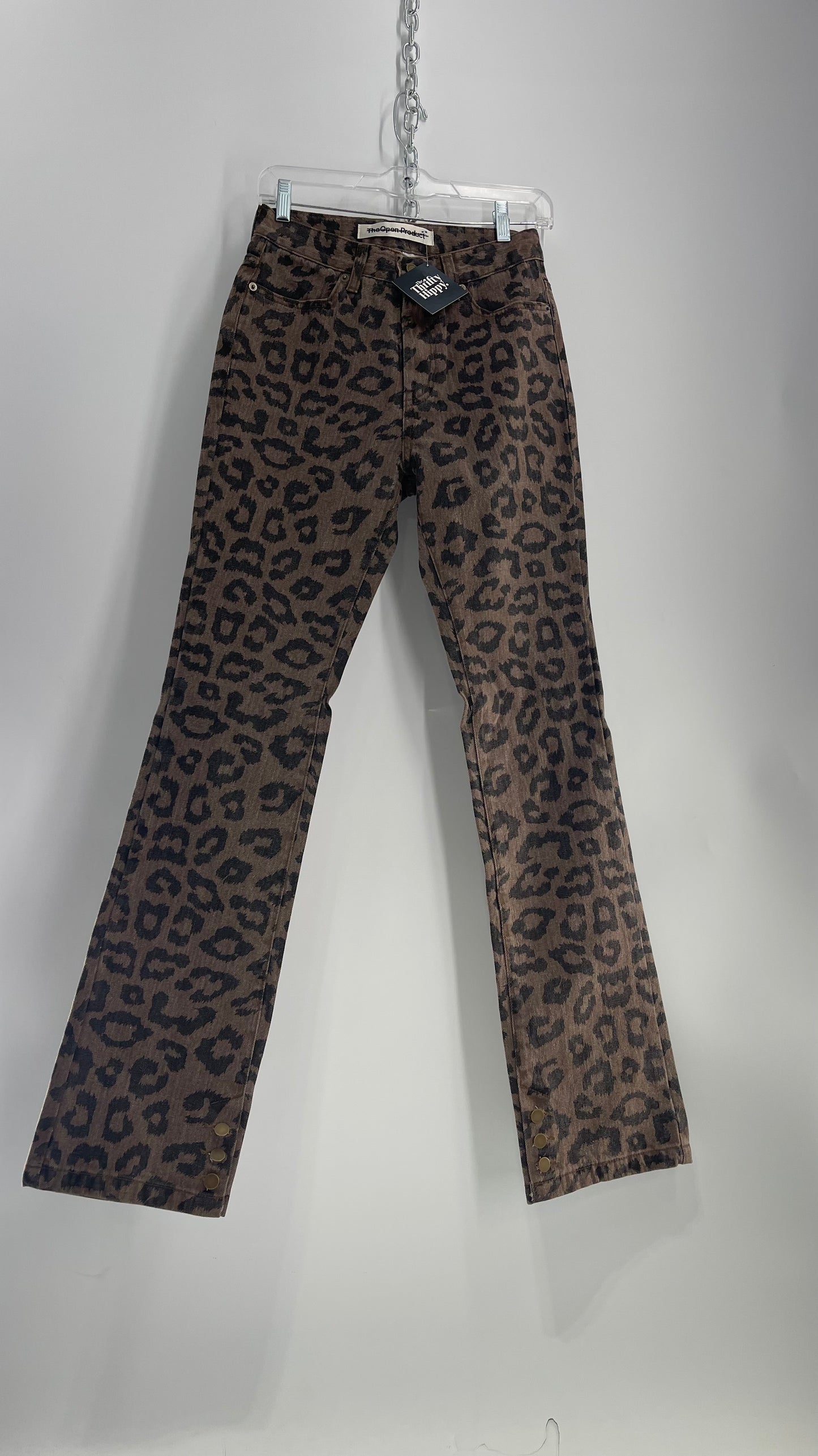 The Open Product Cheetah Print Brown Jeans with Buttons on Hem  (2)