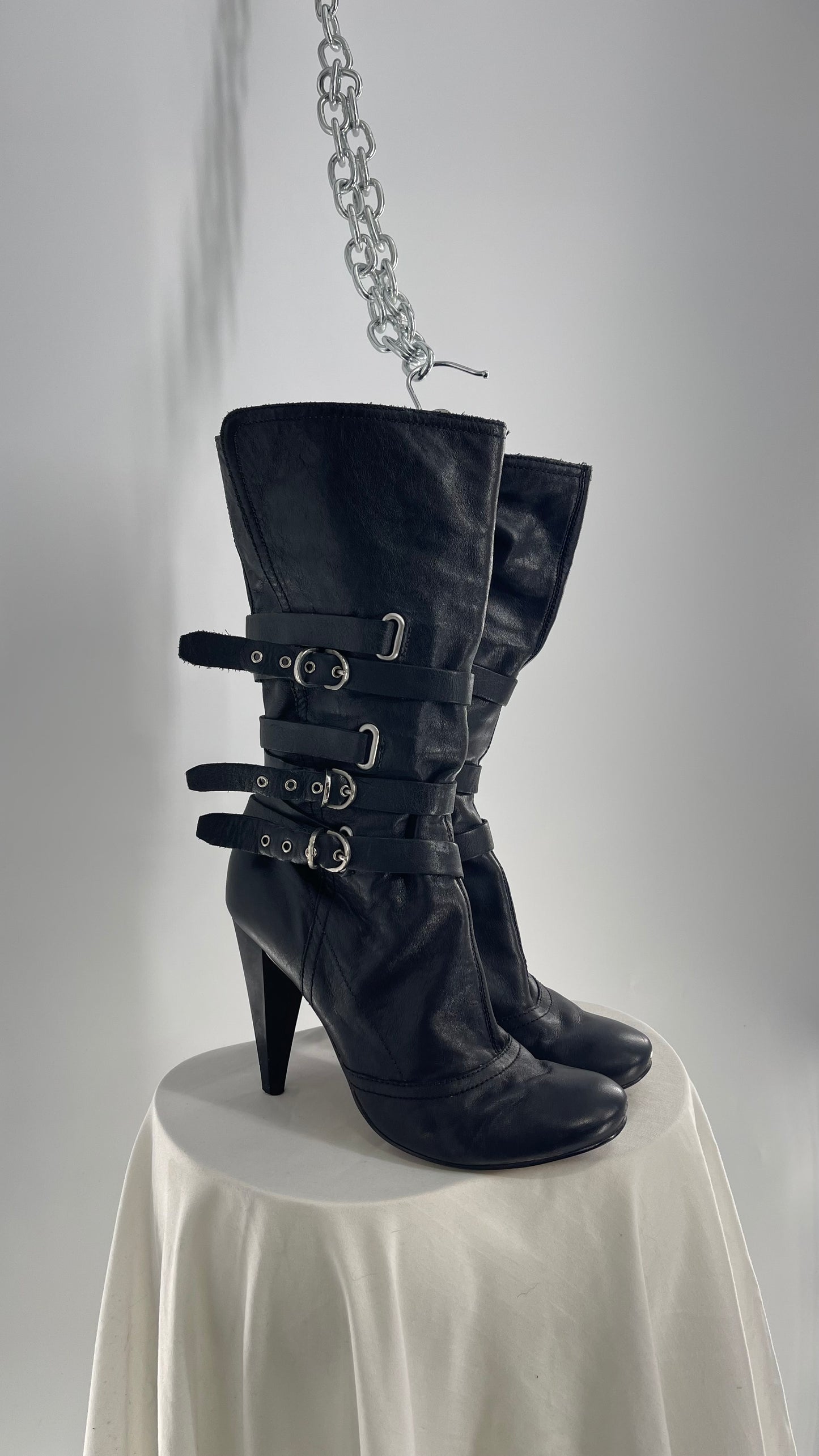 Vintage Black Leather Round Toe Knee High Boot Heel with Multiple Strap/Buckle Details (8.5)