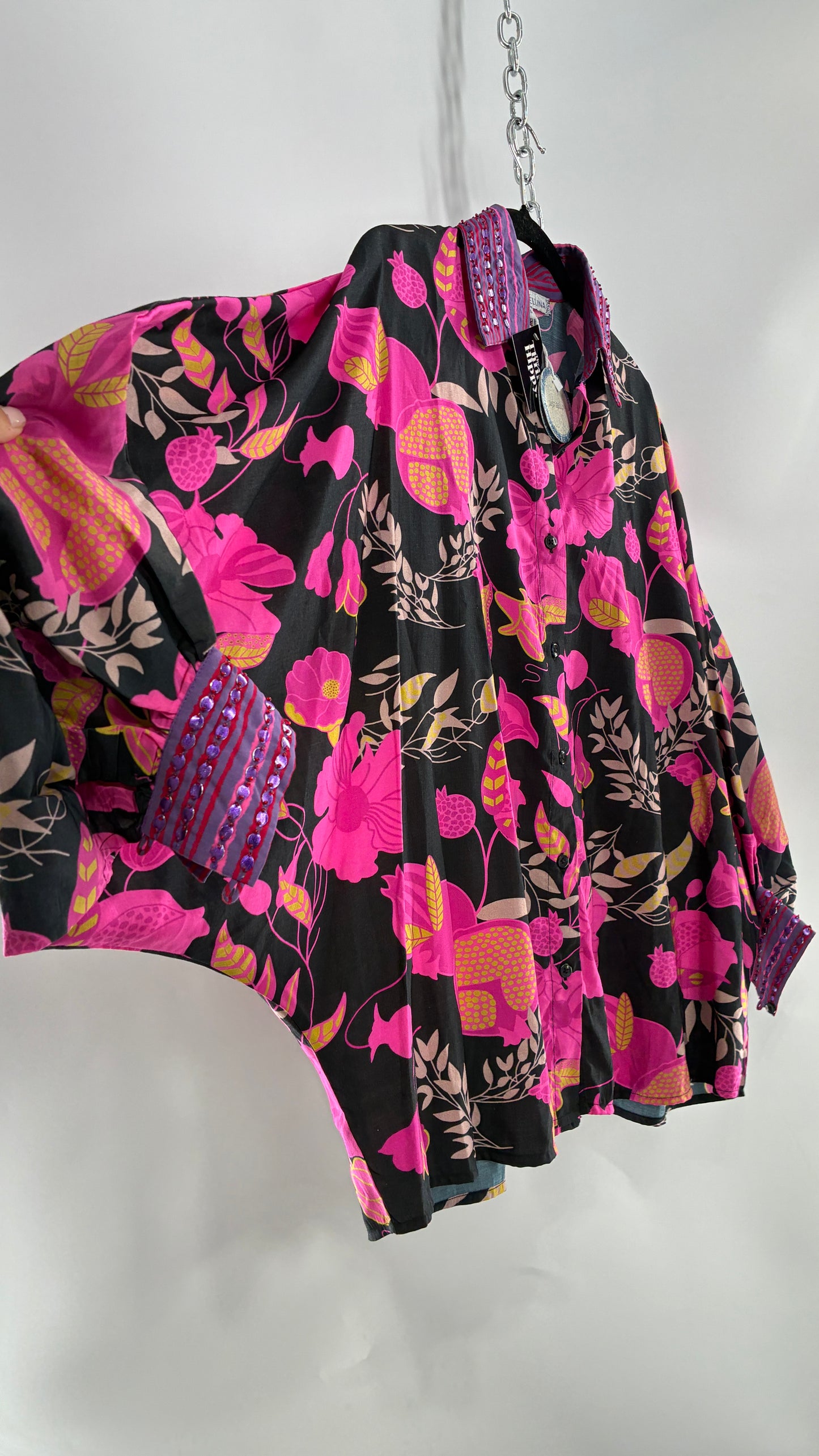 JUST BELLINA Black Oversized Blouse with Exaggerated Sleeves, Embroidered Collar and Tags Attached (XS)