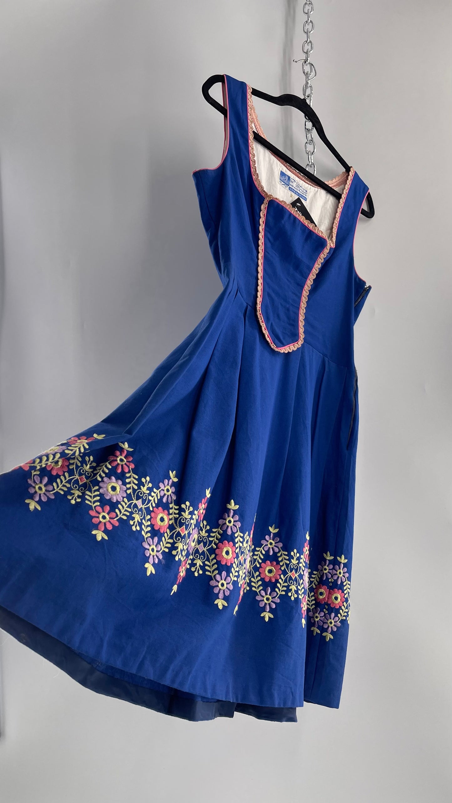 Vintage 1970s Spitzing Modell Wilhelm Picherer Hohenkirchen Traditional German Hand Embroidered Royal Blue Dress (M)