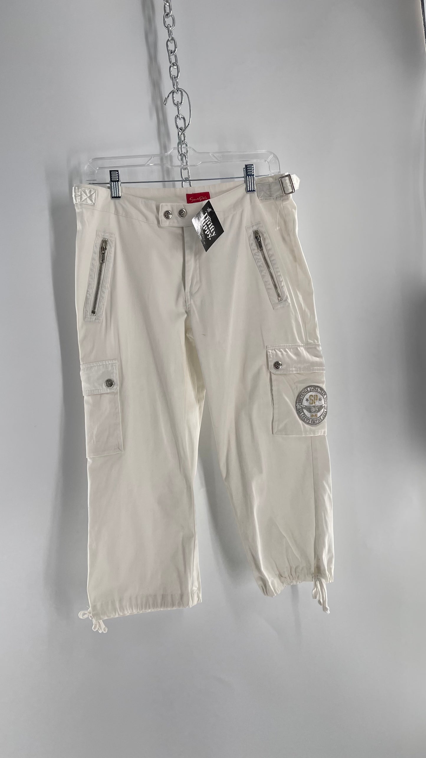 Vintage 1990s South Pole White Capri with Zippers, Silver Hardware, Satin Detailing and Patches (9)