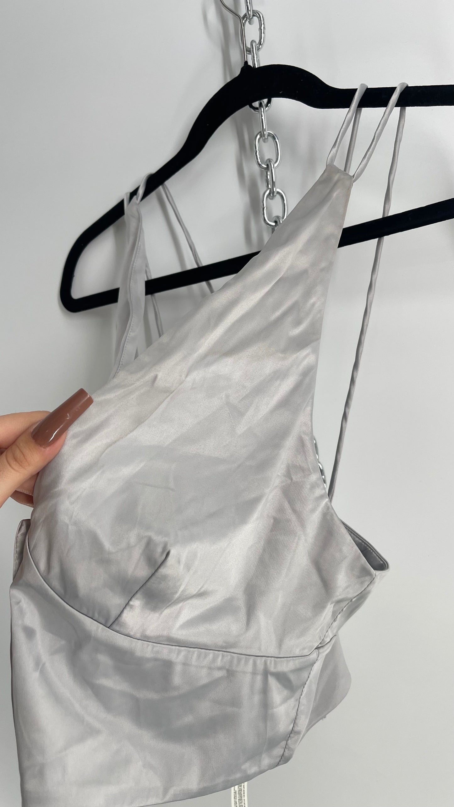 Free People Silver Satin Button Front Halter (XL)