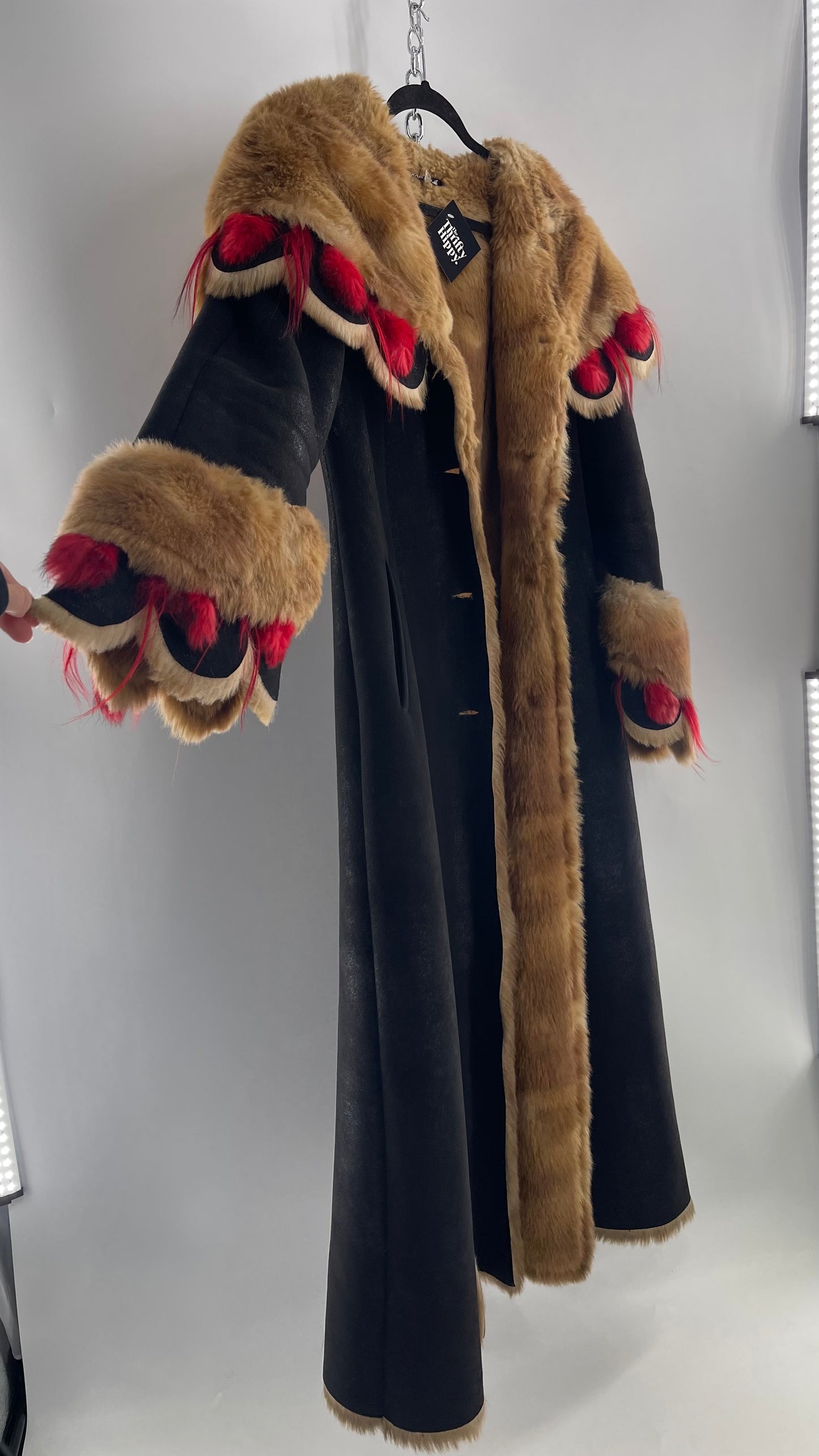 Vintage Russian Black Coat with Brown Fur Piping/Lining, Red Feathers, Scalloped Sleeve, and Hood (Medium)