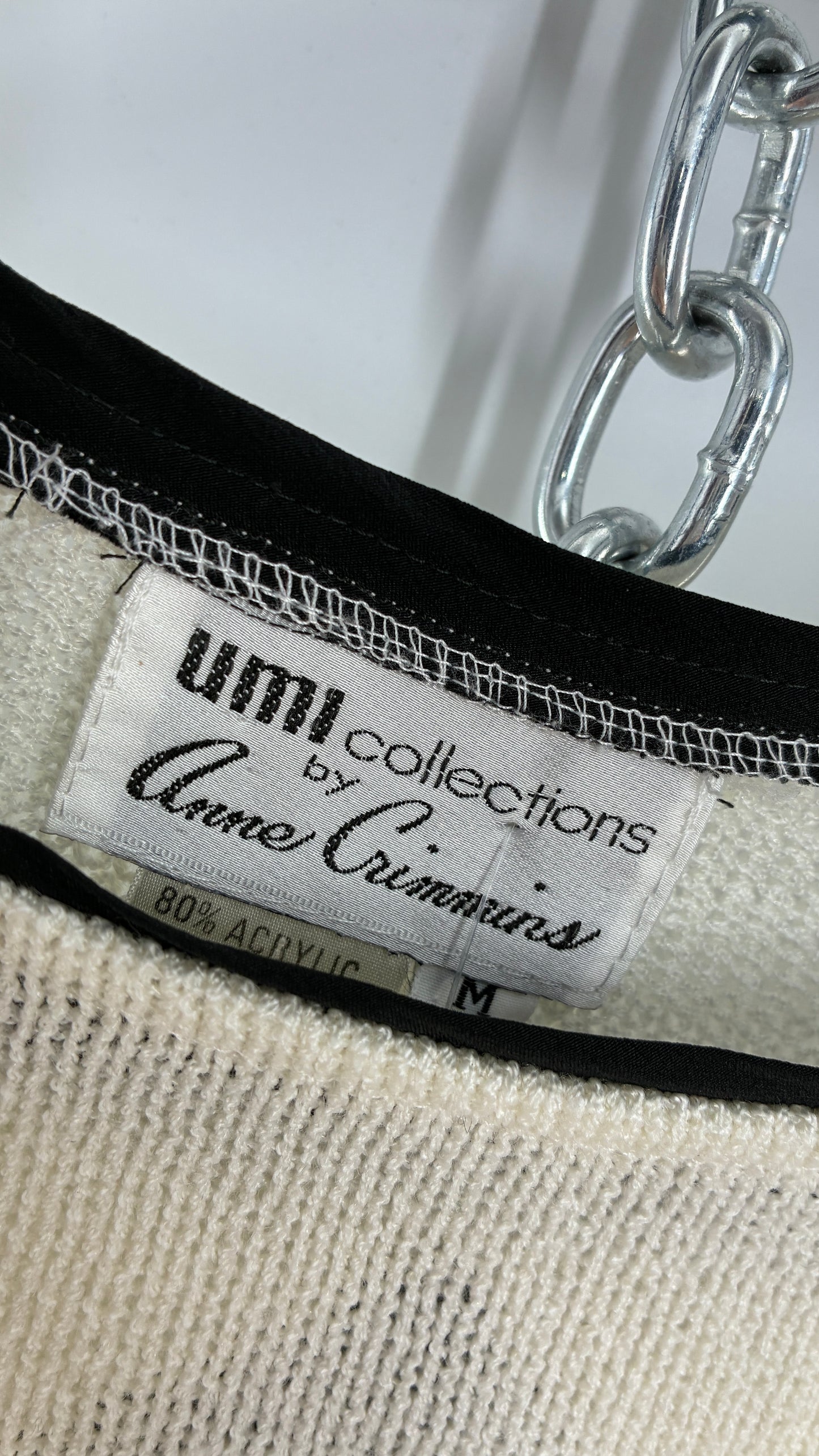 Vintage 1980s UMI collections by Anne Crimmins Off White 2 Piece Set with Abstract Embroidered Designs and 100% Silk Polka Dot Print Skirt (Medium Sweater, 8 Skirt)