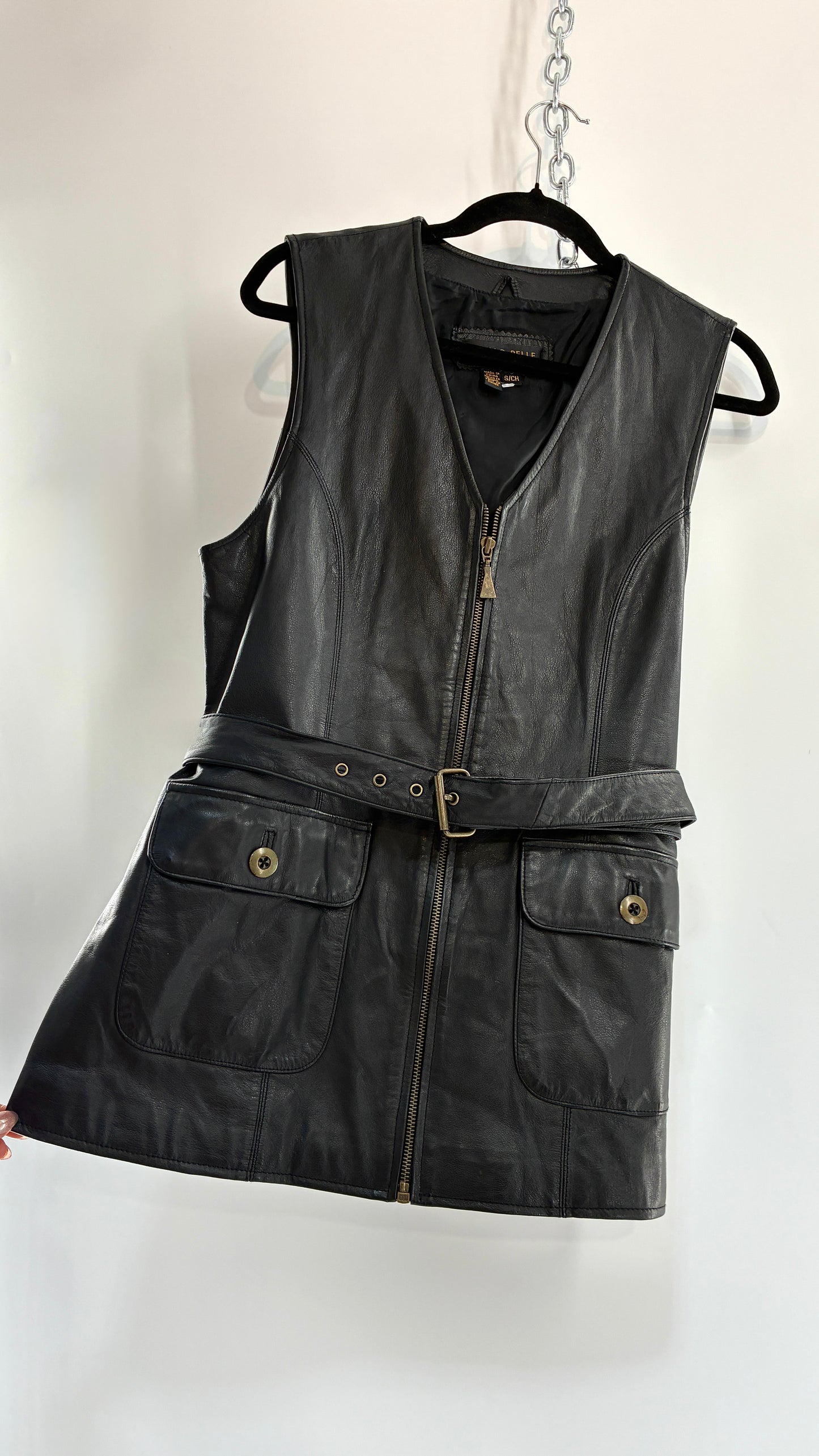 Vintage OTELLO PELLE Black Genuine Leather Belted Vest or Mini Dress Overlay (Small)