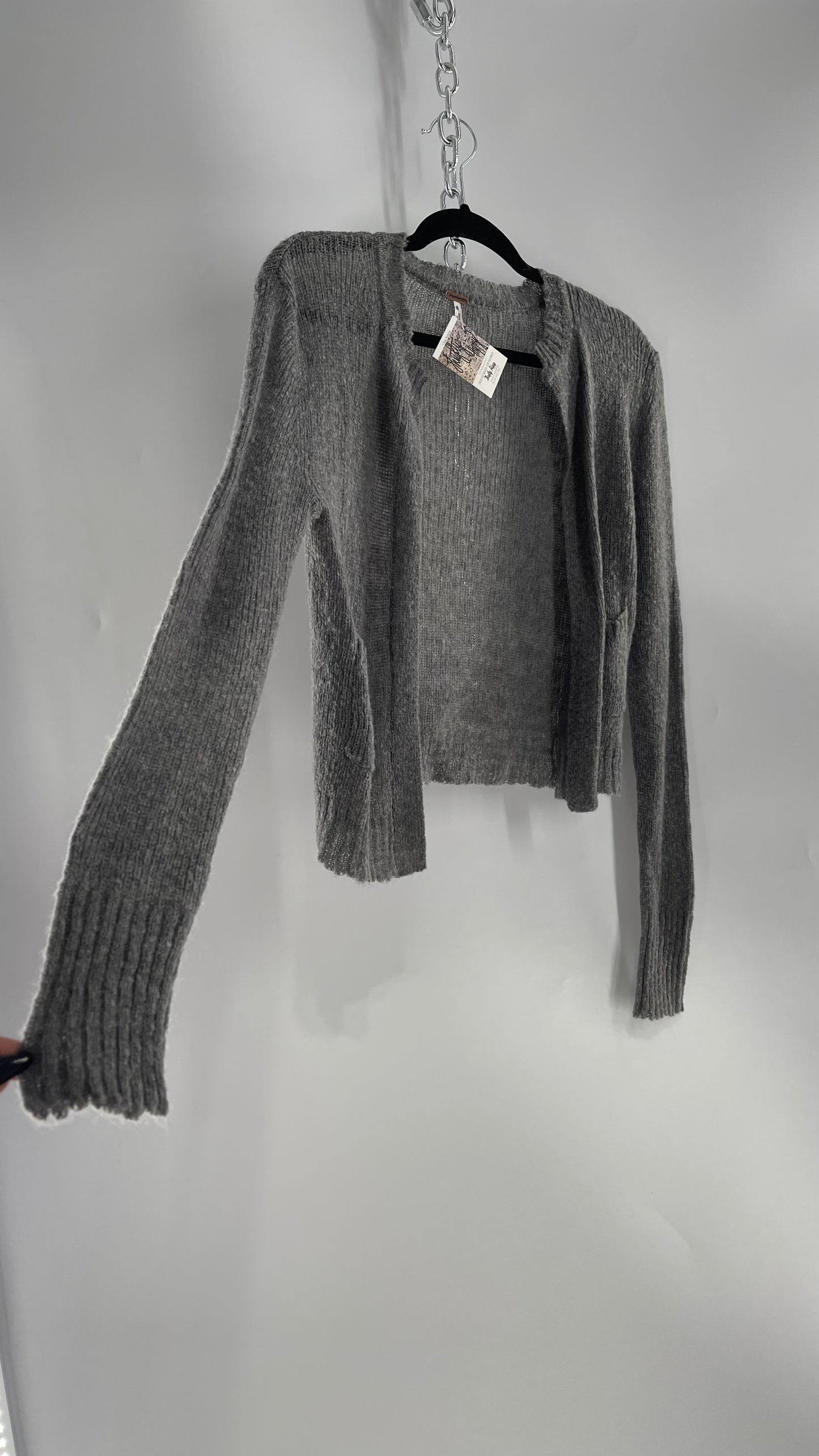 Free People Gray Pocketed Cropped Cardigan (XS) 29% Mohair 21% Wool