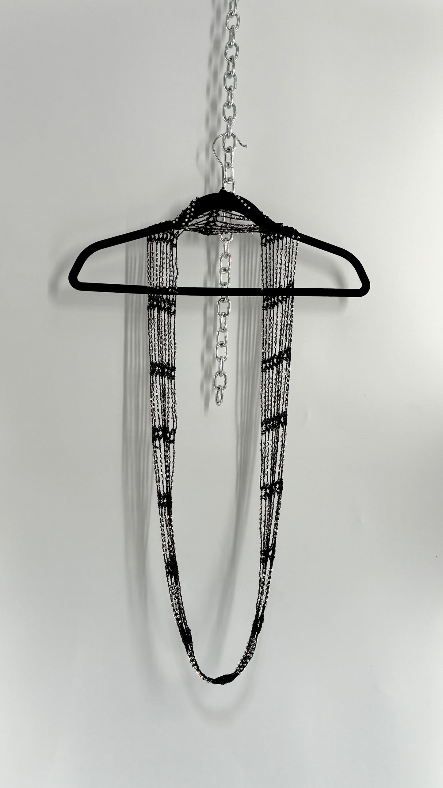 Vintage Black Crochet Infinity Scarf with Silver Pebble Beading