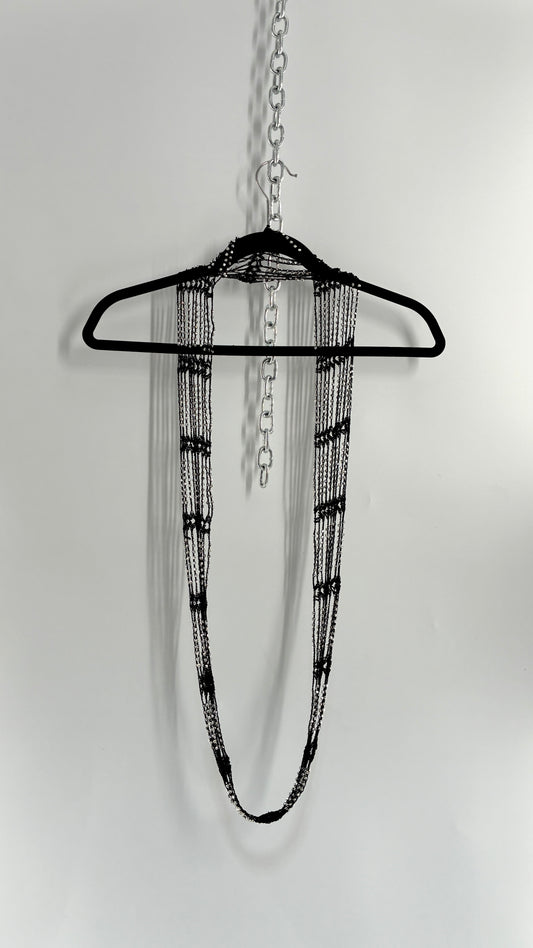 Vintage Black Crochet Infinity Scarf with Silver Pebble Beading