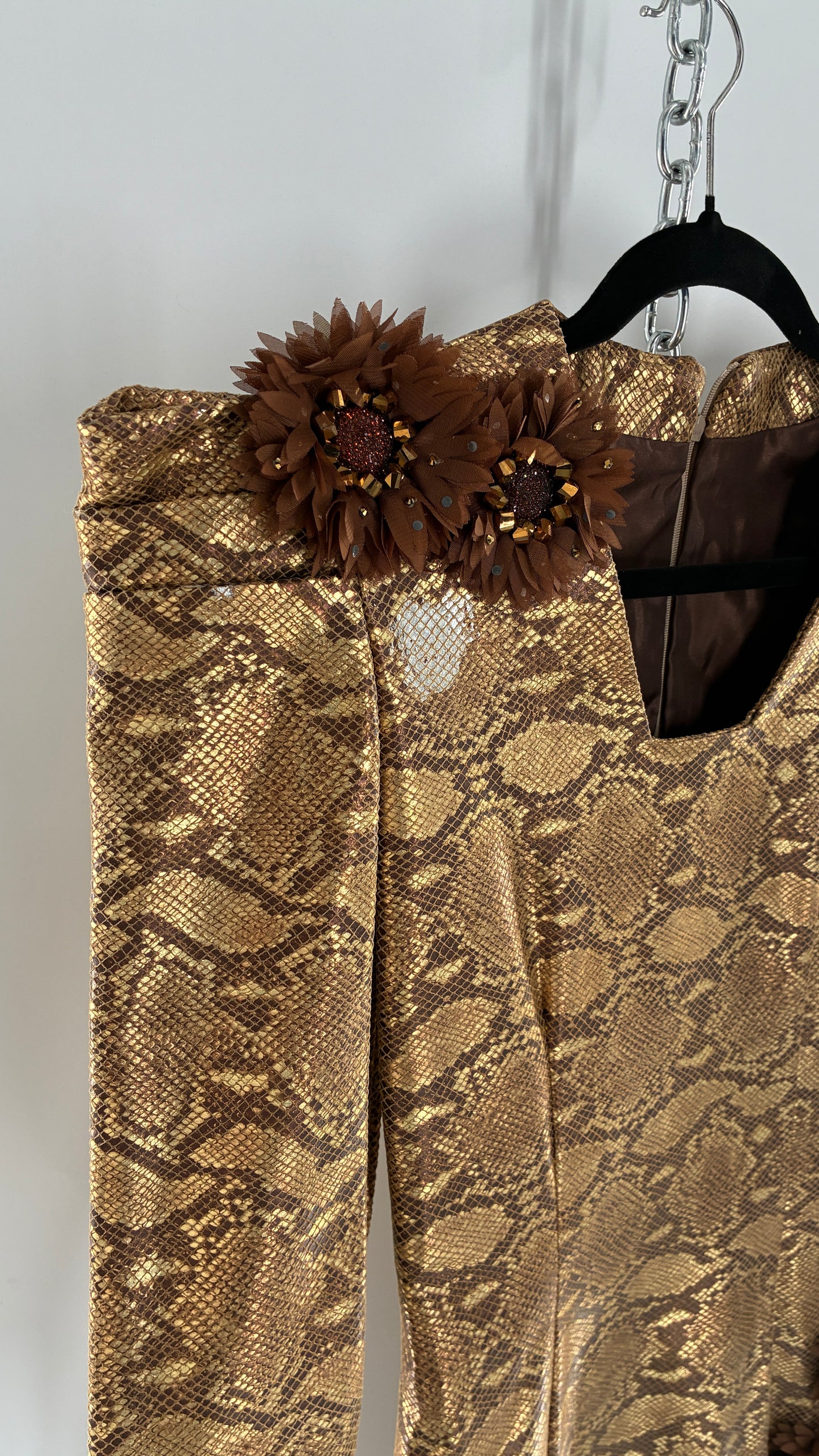 Vintage 1980s Handmade Genuine Leather Snakeskin Bronze Midi Dress with Floral Appliqués (Medium, See Measurements)