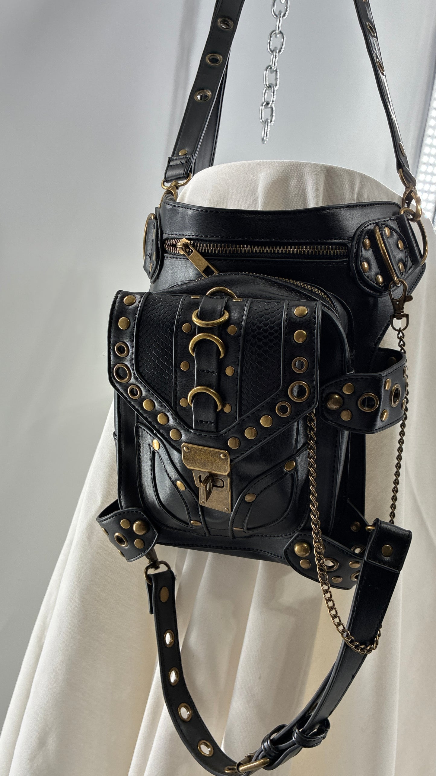 Vintage Bronze Studded, Leather Thigh Strap Crossbody Bag