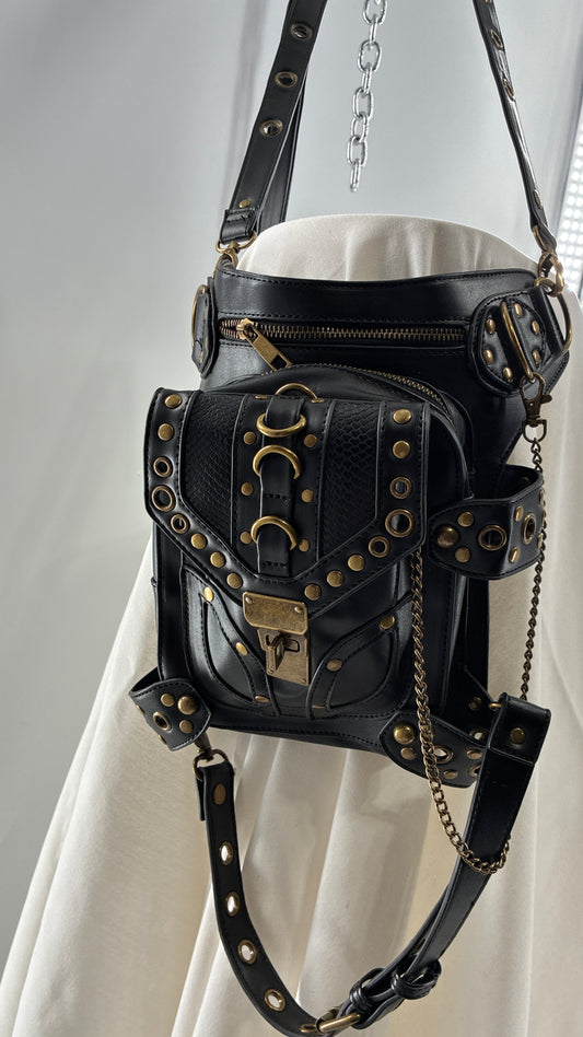 Vintage Bronze Studded, Leather Thigh Strap Crossbody Bag