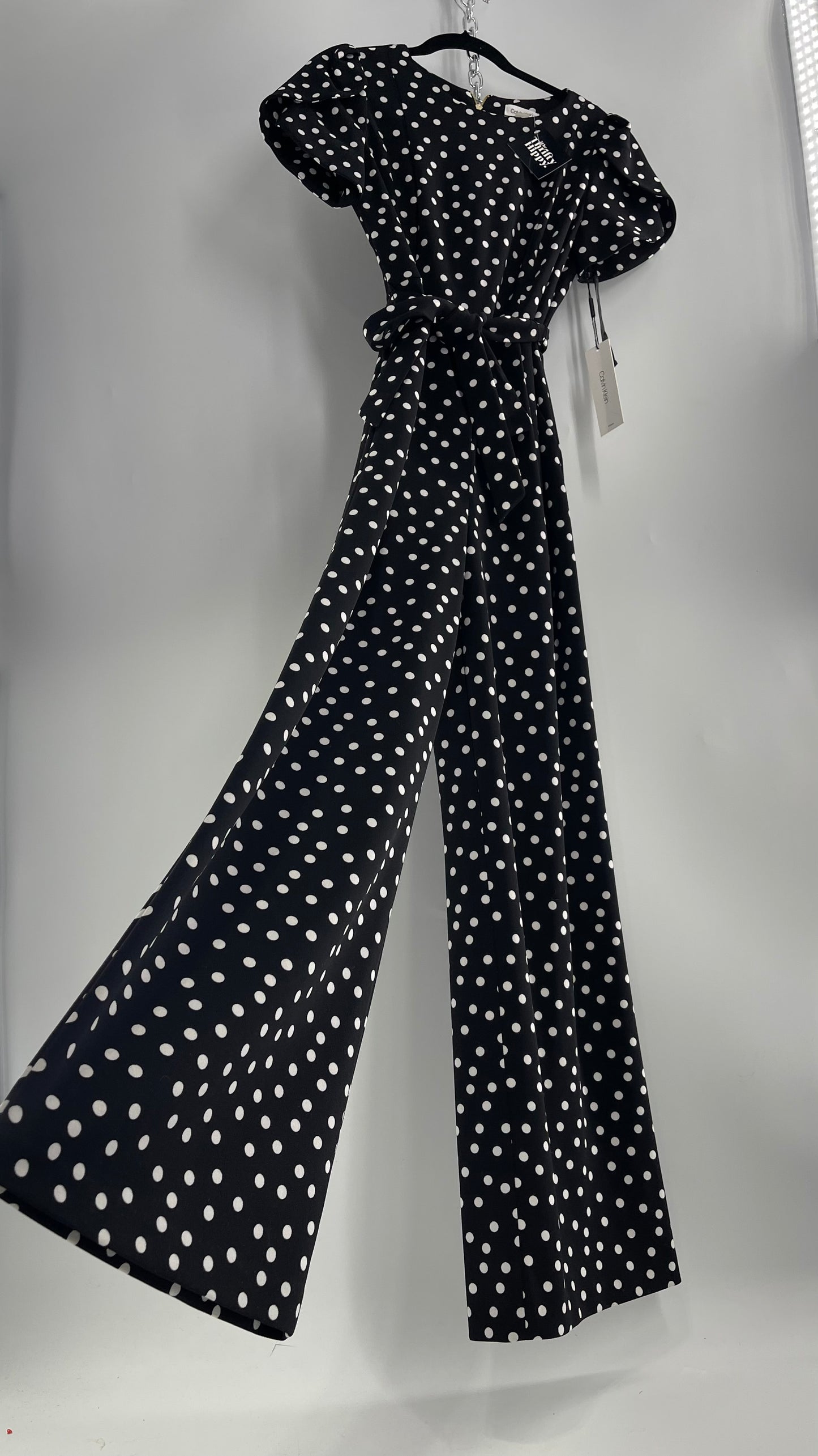 Calvin Klein Black/White Polka Dot Jumpsuit with Waist Tie and Wide Legs (10)