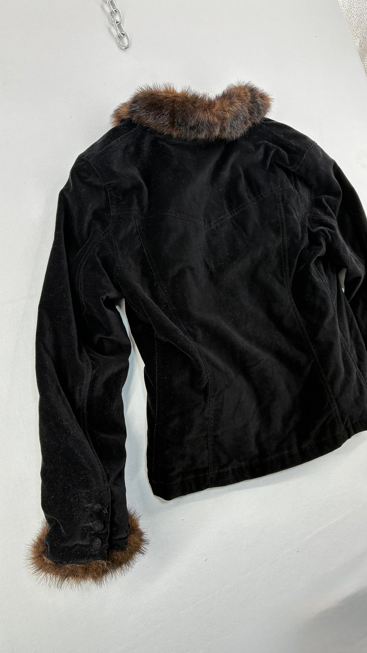 Vintage BLACK RIVET Velour Jacket with Vegan Fur Trim Collar and Cuffs (Large)