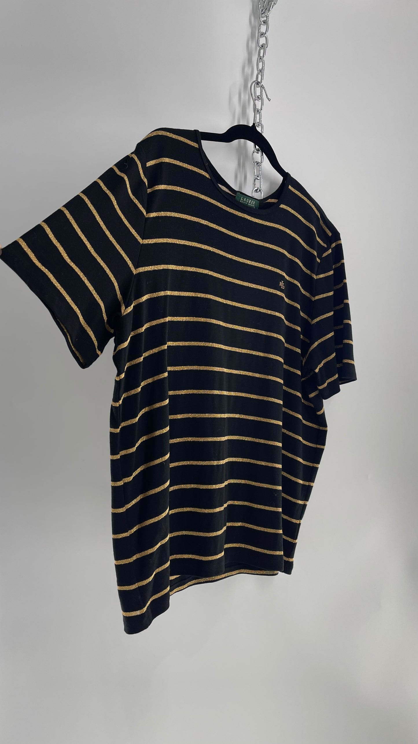 LAUREN Ralph Lauren Gold Glitter Striped T Shirt with Tags Attached (2X)