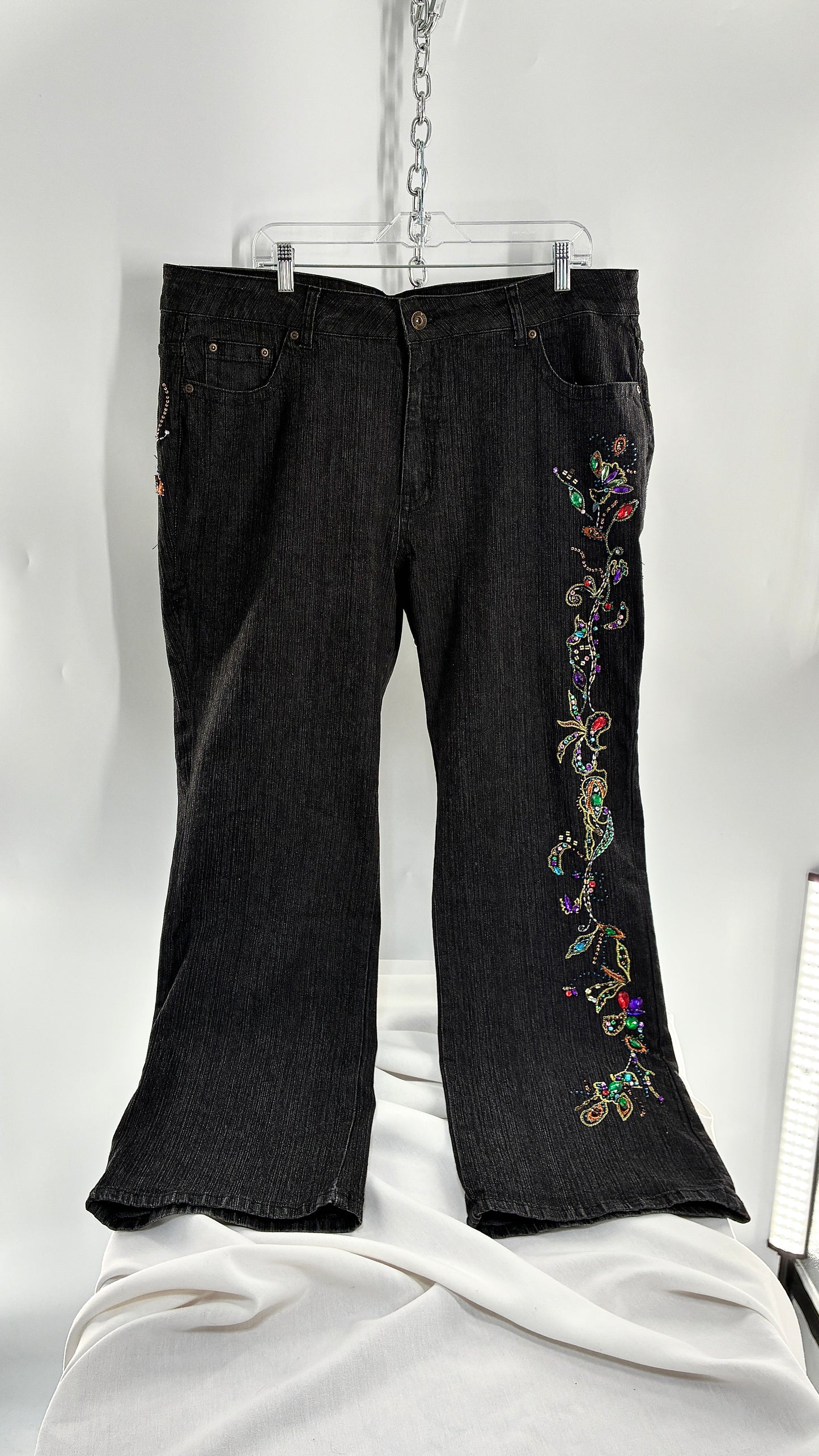 Vintage Grainy Black Denim with Hip to Hem Gemstones and Embroidery (22W)