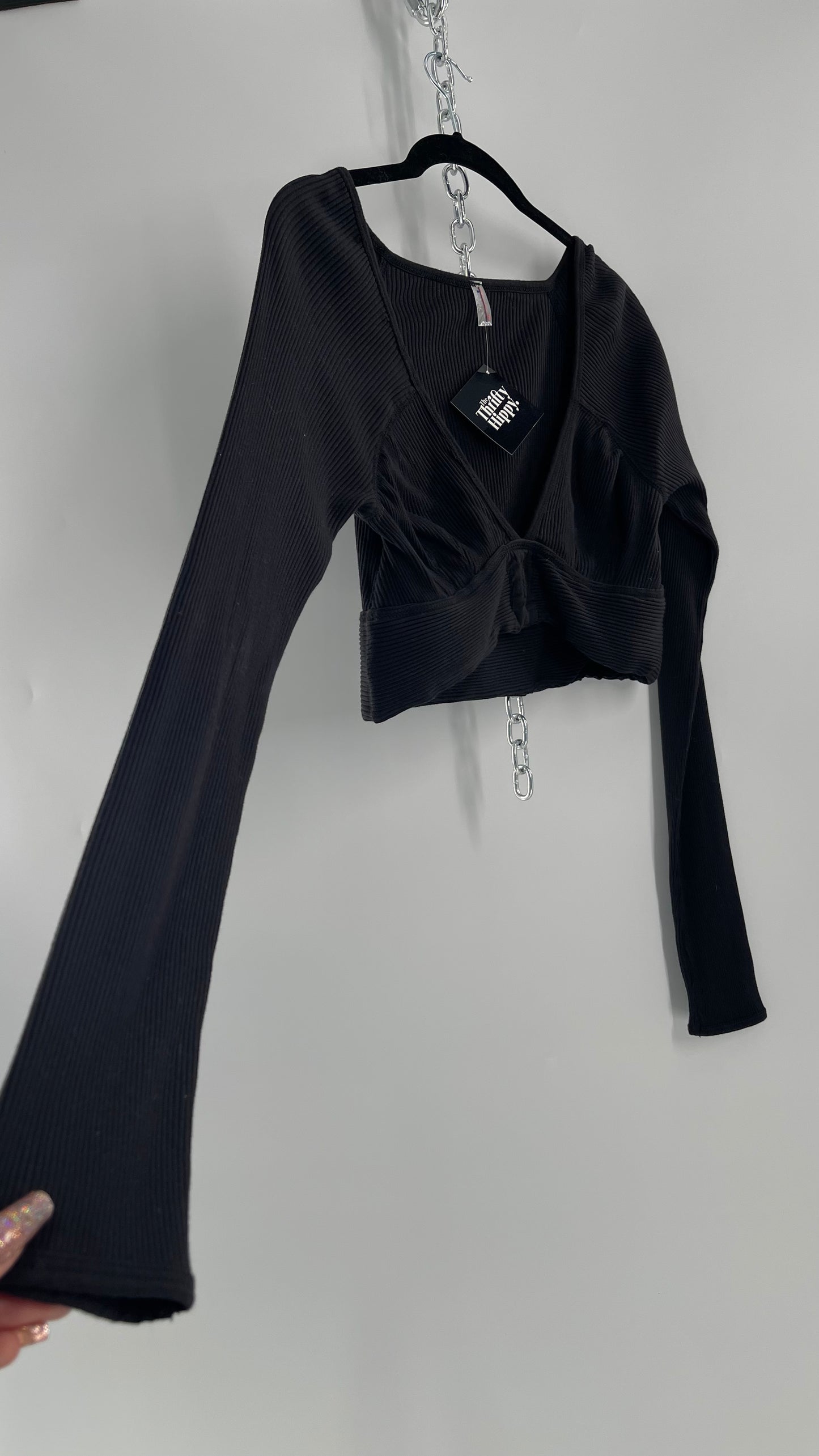 Free People Movement Black Ribbed Cropped Long Sleeve with Ruched Bust and Embroidered Symbol (Small)