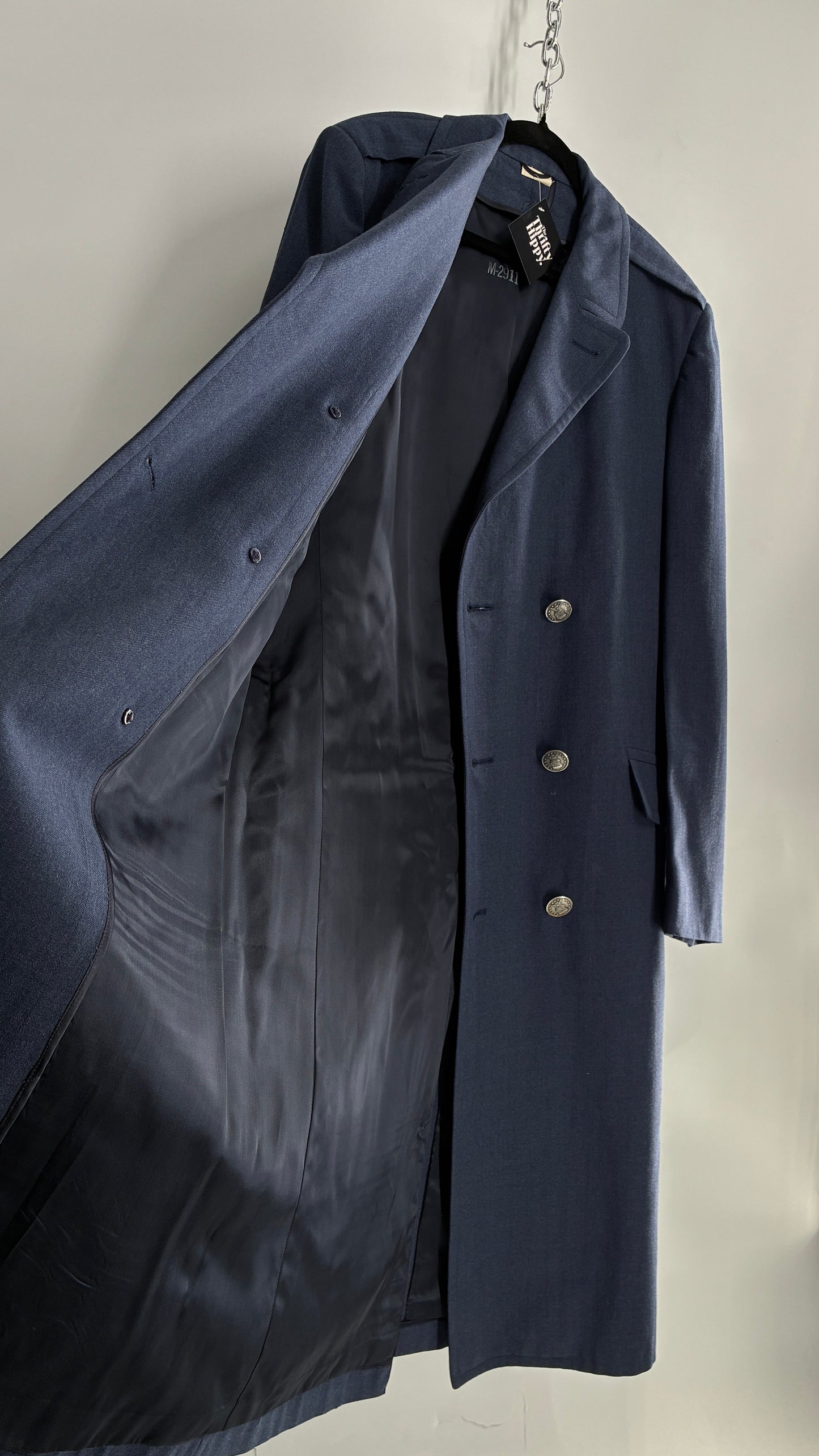 Vintage Military Style Navy Blue Woven Heavy Duty Long Coat