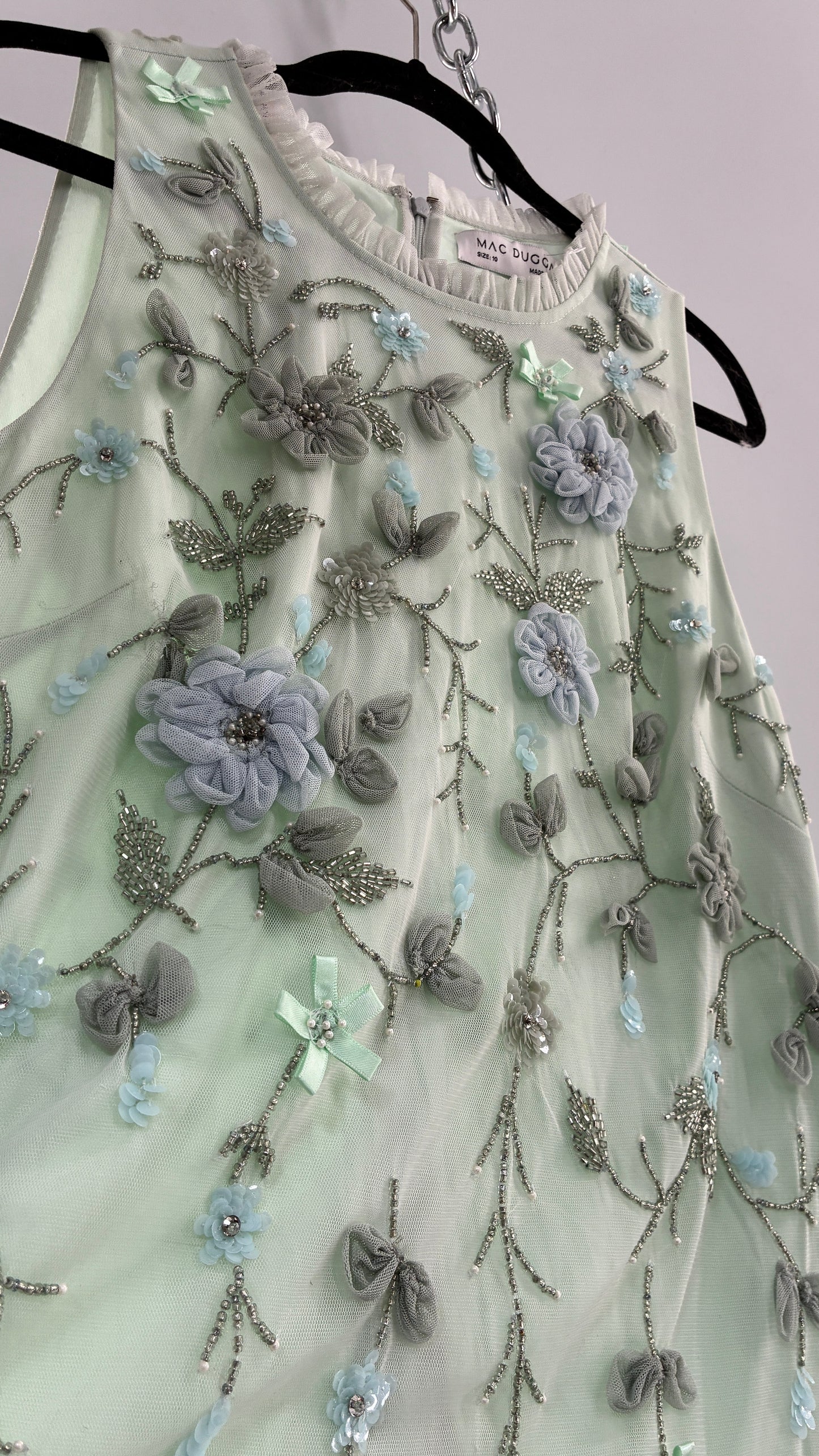 MAC DUGGAL Green Embellished Ruffle Tiered High Neck Floral Dress (10)