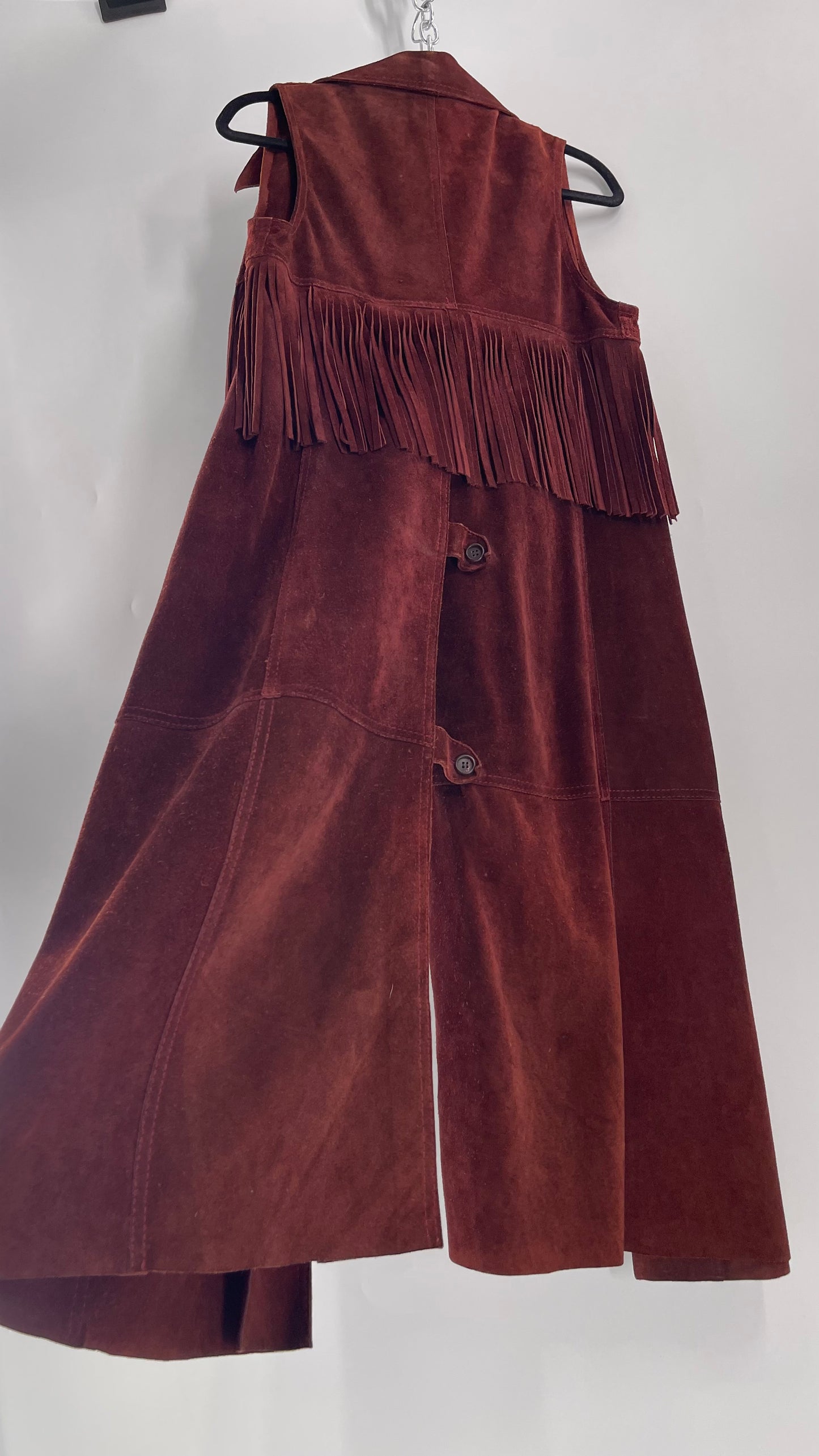 Vintage 1970s Suede Leather Full Length Reddish Brown Vest (S/M)