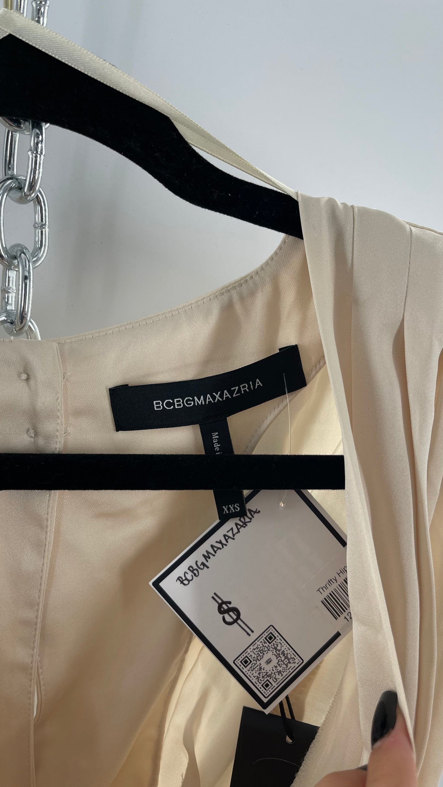 BCBGMAXAZRIA Off White Ivory Satin Tie Around Waist Cropped Blouse with Button Back and Tags Attached (XXS)