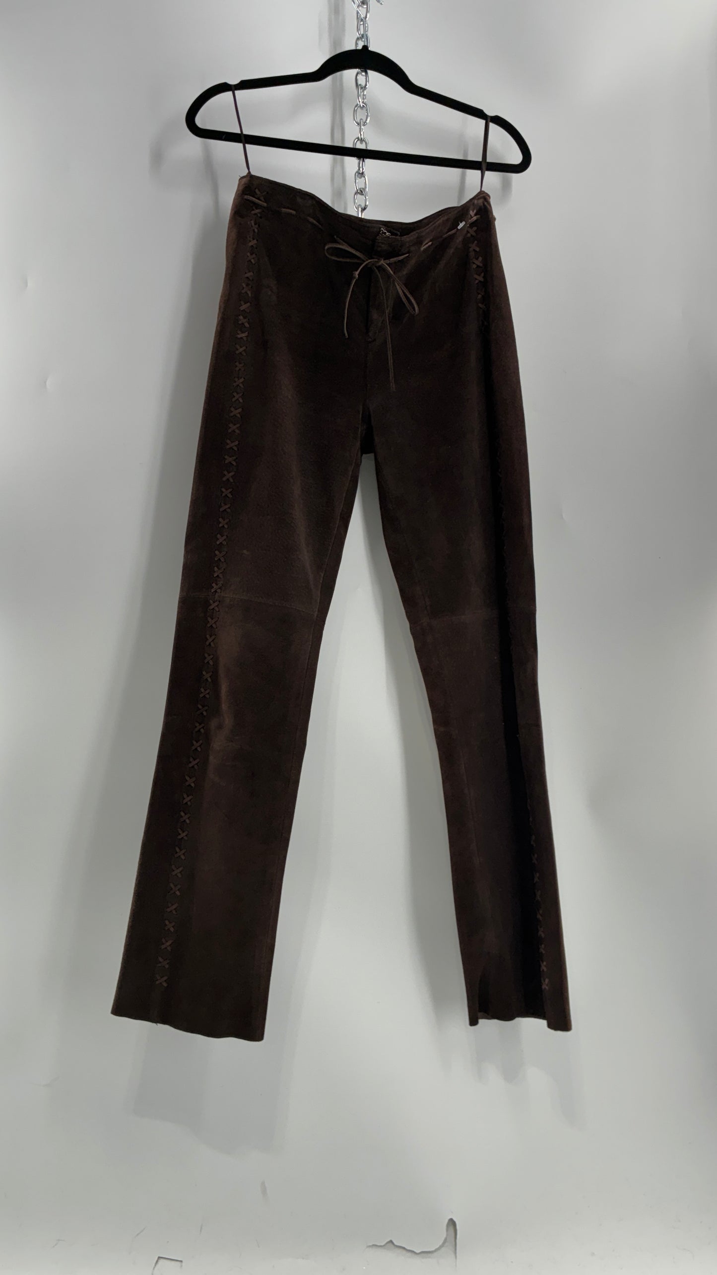 Vintage FOR JOSEPH Low Rise, Chocolate Brown Suede Pants with Leather Stitch Sides and Bow Closure (28)