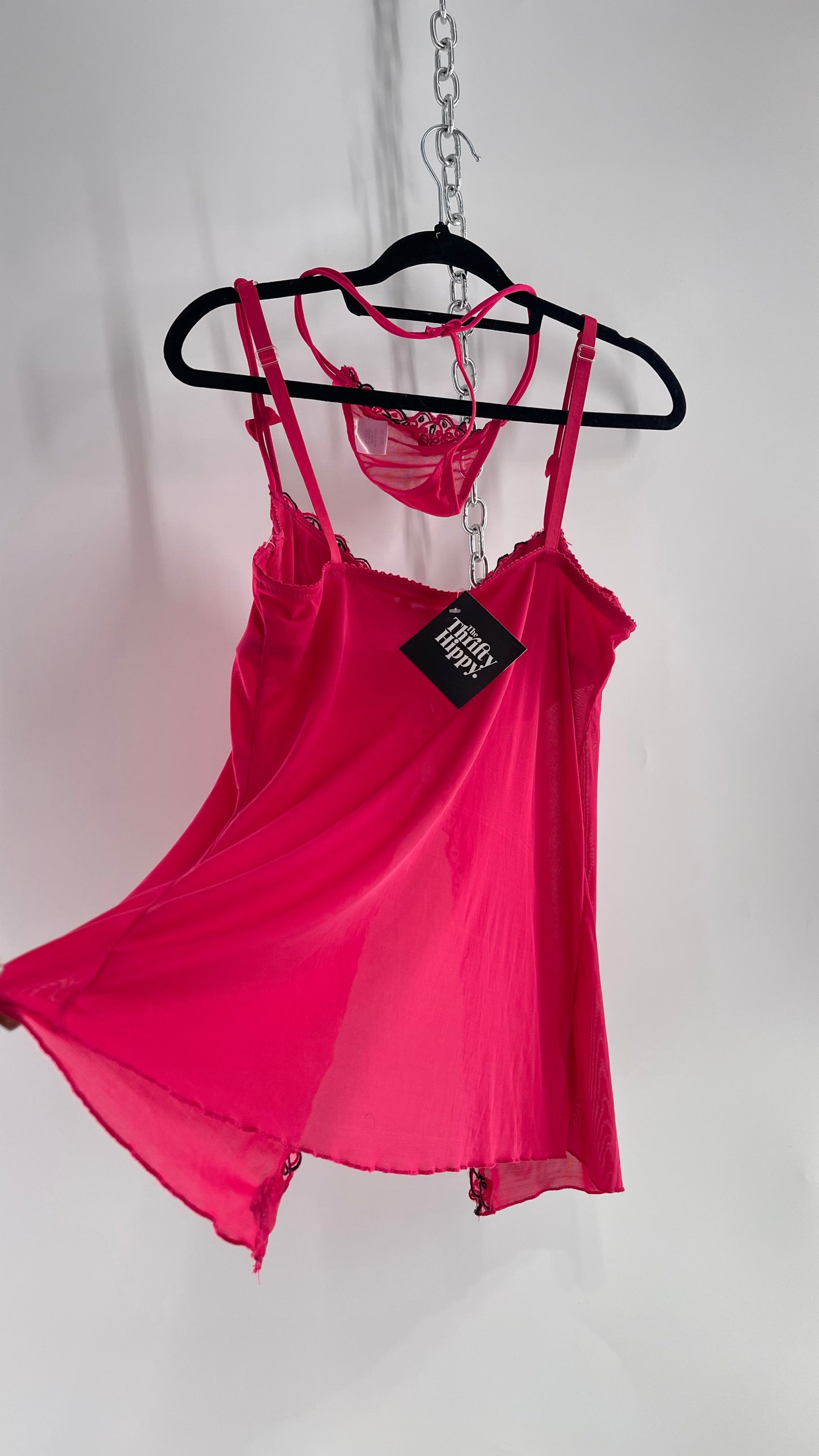 Vintage HOT Hot Pink Vented Babydoll Top and Thong Set with Black Embroidery and Bows (Medium)