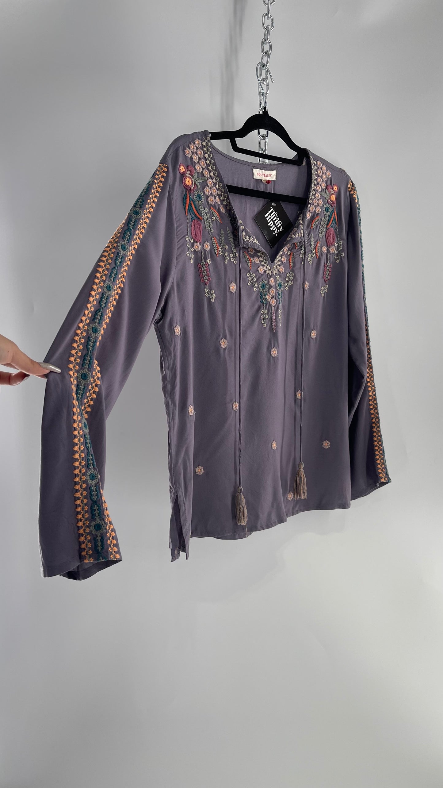 Anthropologie Solitaire Dusty Gray/Purple Embroidered Tunic Blouse (Medium)