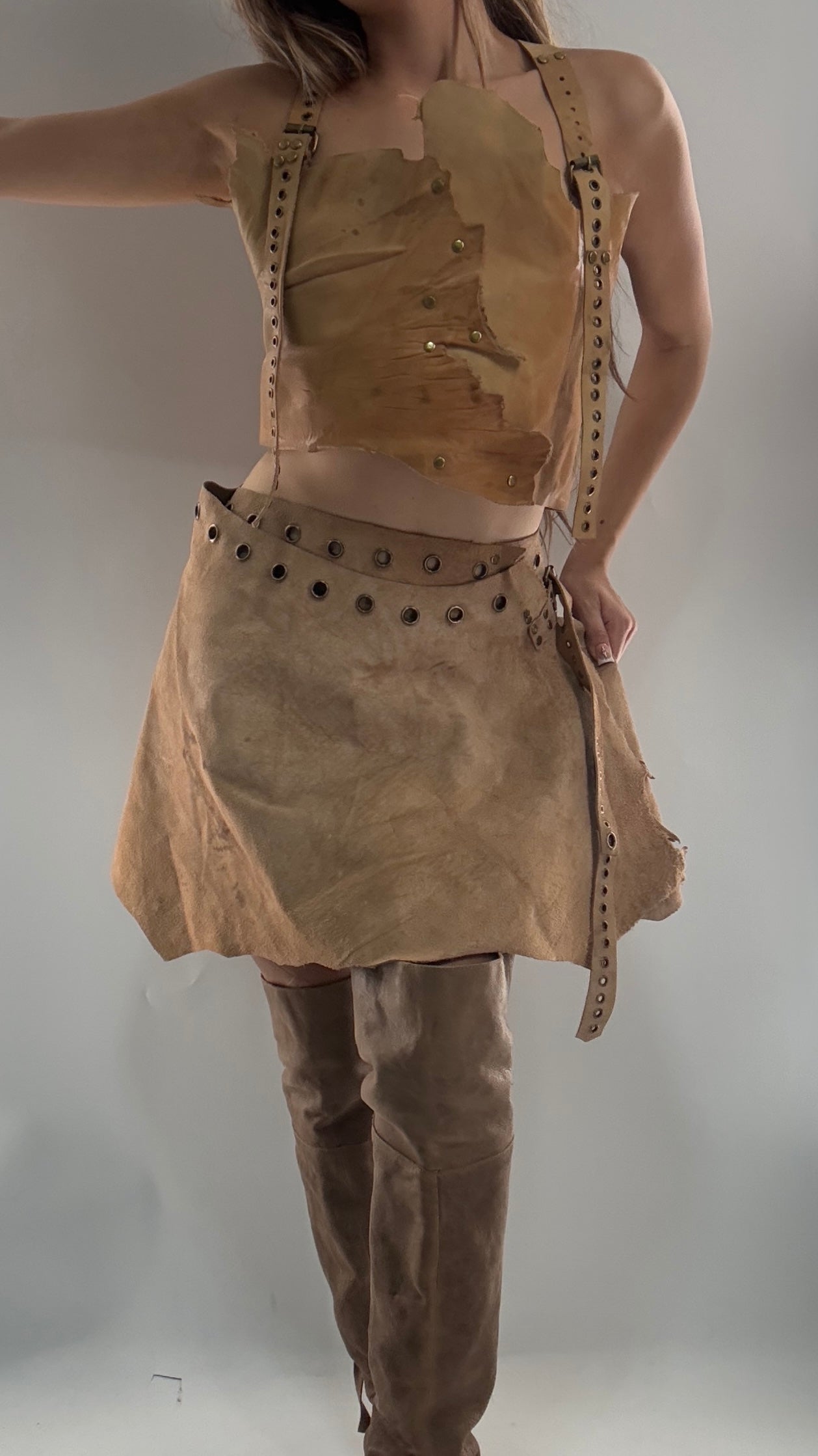 CUSTOM Handmade Rugged and Reversible Distressed Leather Two Piece Set with Grommet Waistband (XS-XL)
