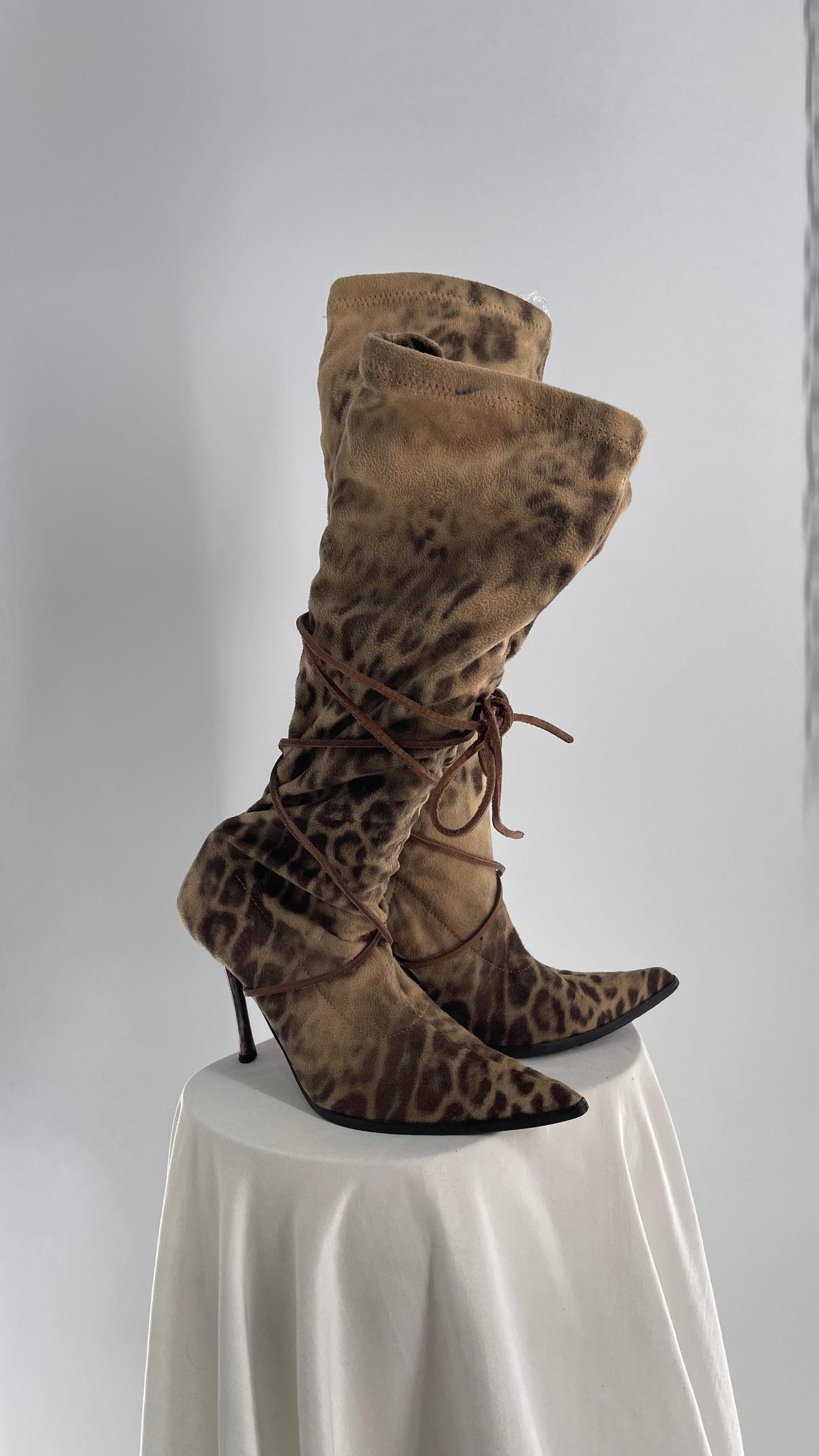 Vintage Alberto Venturini Animal Print Tie Up Pointed Toe Boots (37)