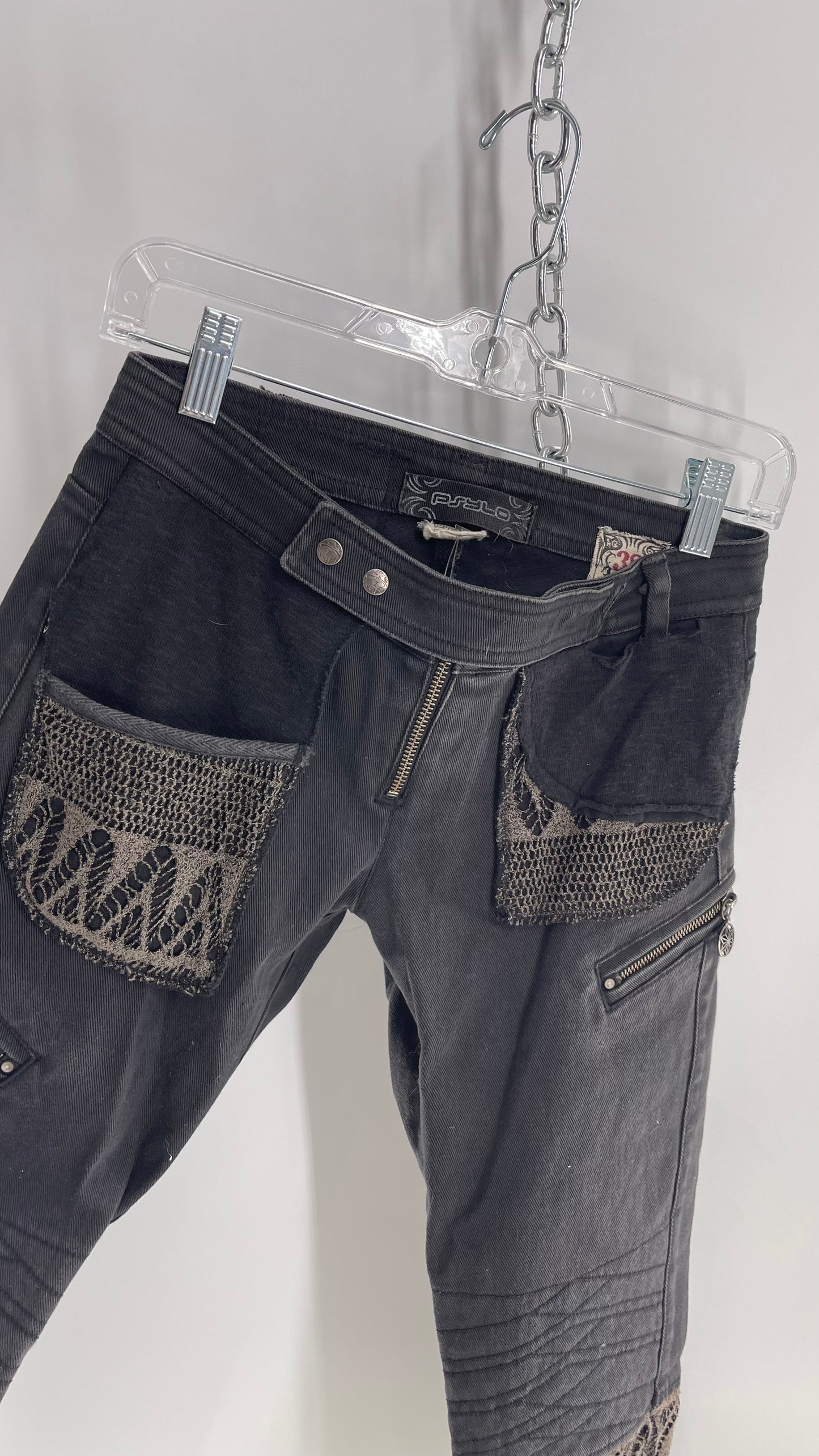 Vintage Rare PSYLO 1990s Low Rise Kick Flare Jeans with Studs, Lace and Hardware (38)