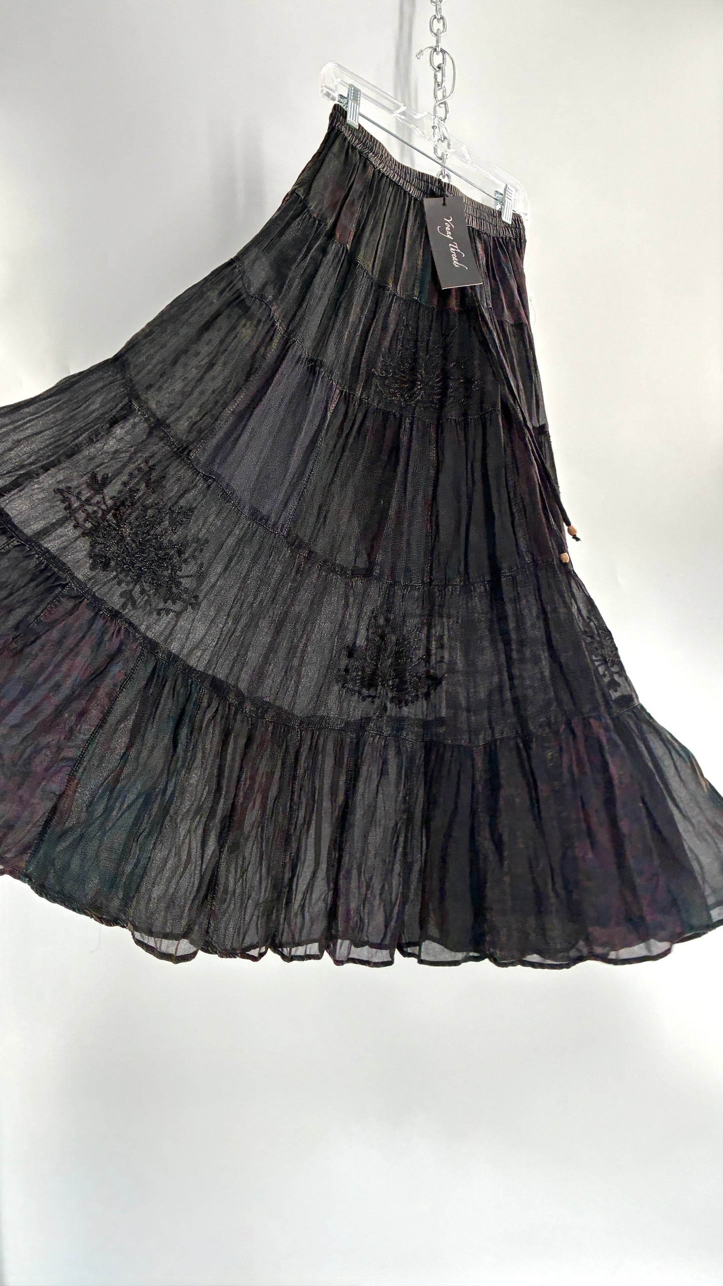 Deadstock Vintage Young Threads Charcoal Patchwork Maxi Skirt with Embroidered Details (Small)