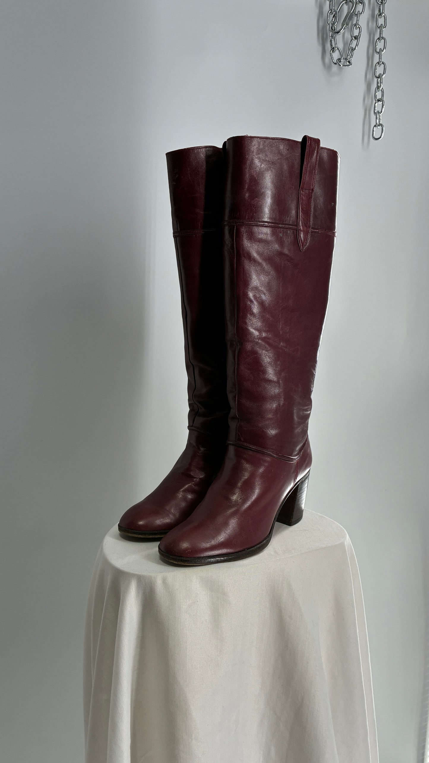 Vintage Red Leather Round Toe Knee High Boots Made in Spain Boots (38)