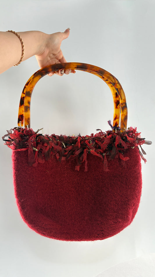 Vintage Handmade Handwoven Red Bag with Tags, Fringe Detailing and Tortoise Shell Handle