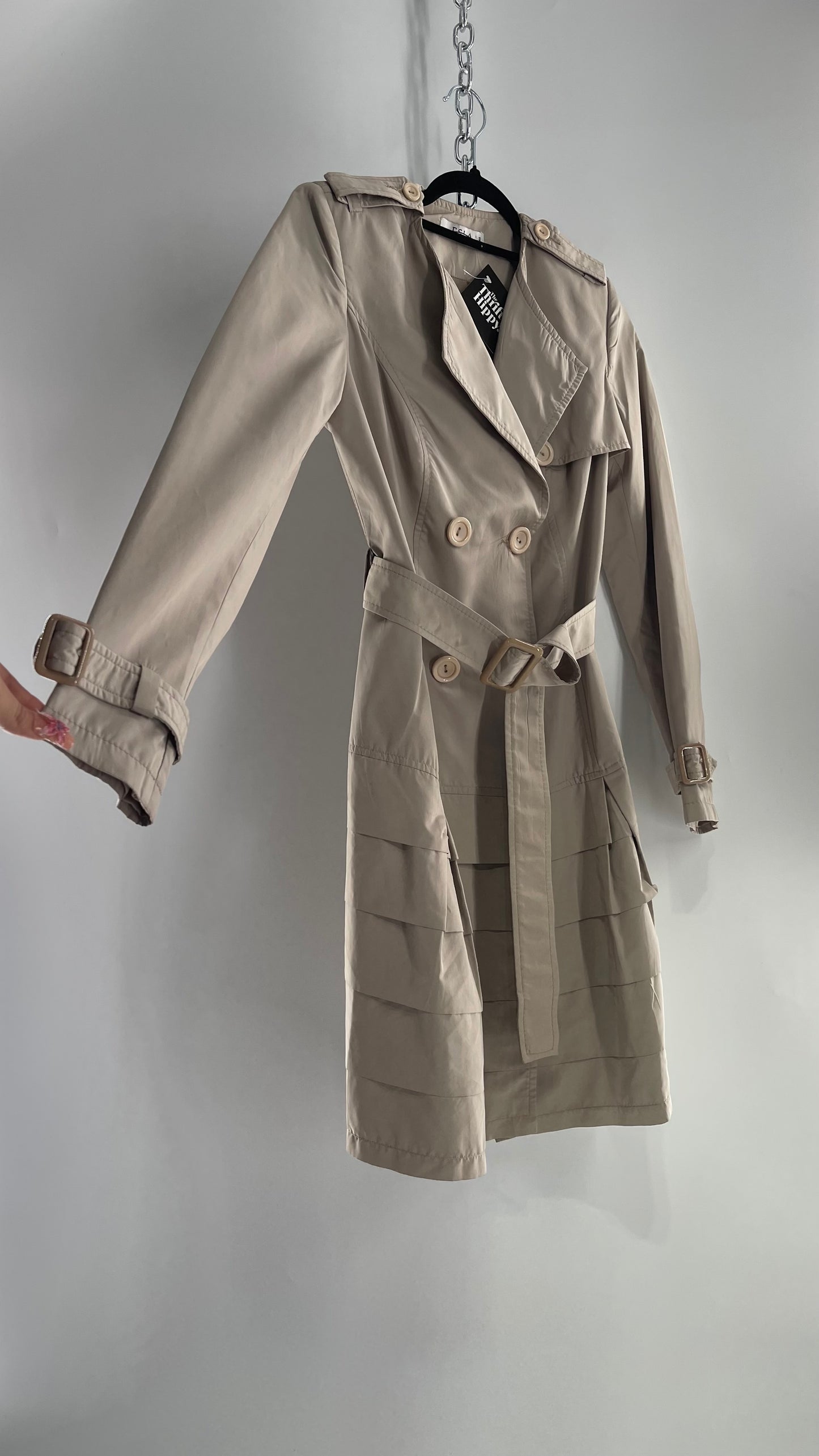 Vintage ESLA Beige Trench Coat with Ruffled Hem (Small)