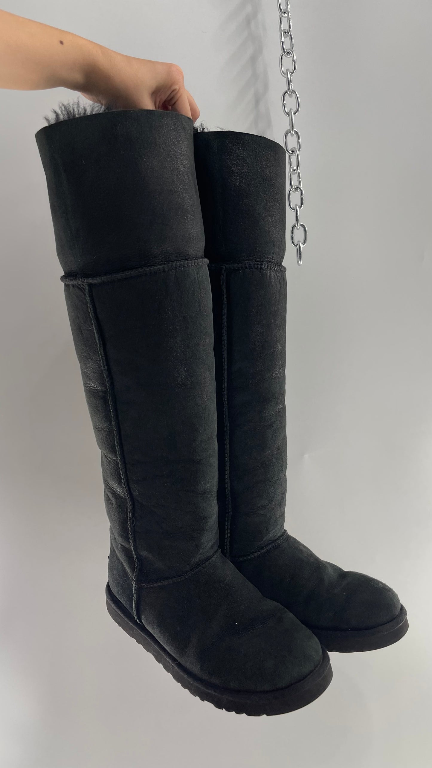 UGG Black Over the Knee, Fur Lined, Metallic Sheen, Bailey Button Leather Boots (7)