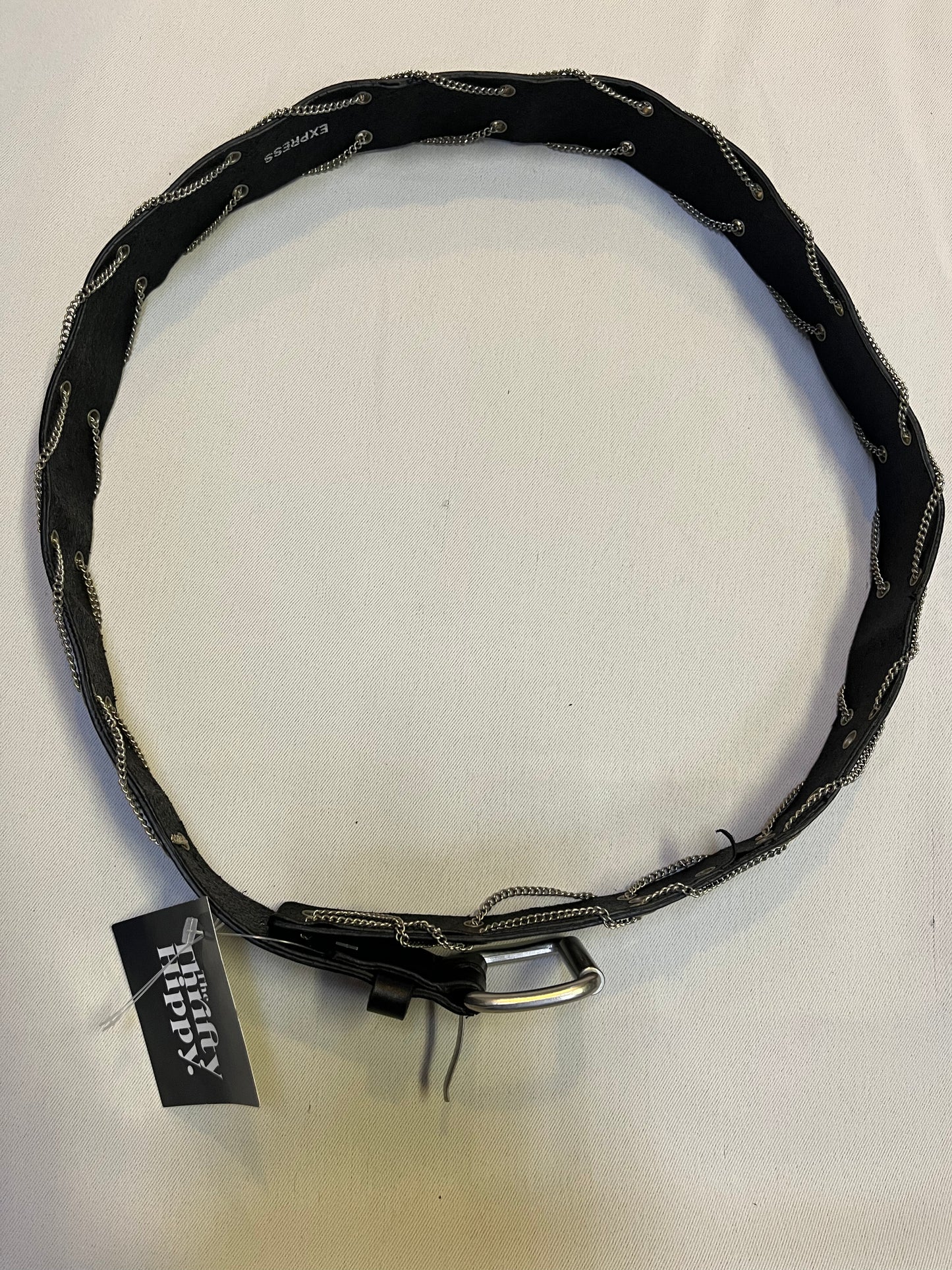 Vintage Express Black Leather Grommet Chain Belt (Large)