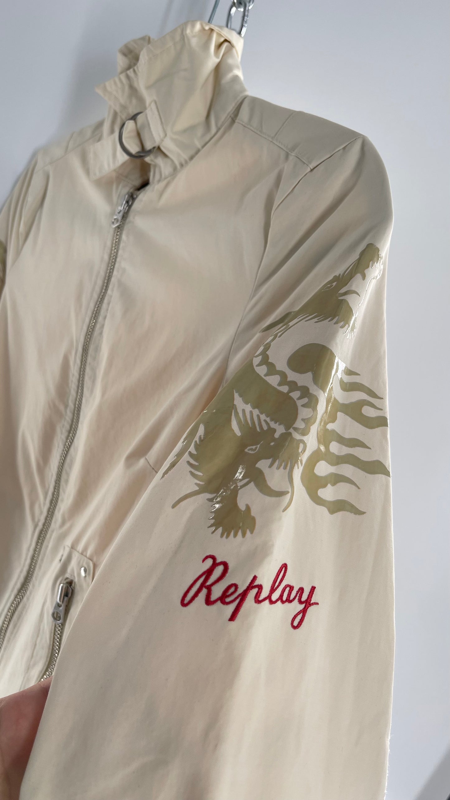 Vintage REPLAY Beige 1990s Italian Moto Jacket with Embossed Buttons, Buckle Cuffs, Dragon Graphic and Neck Strap (XS)