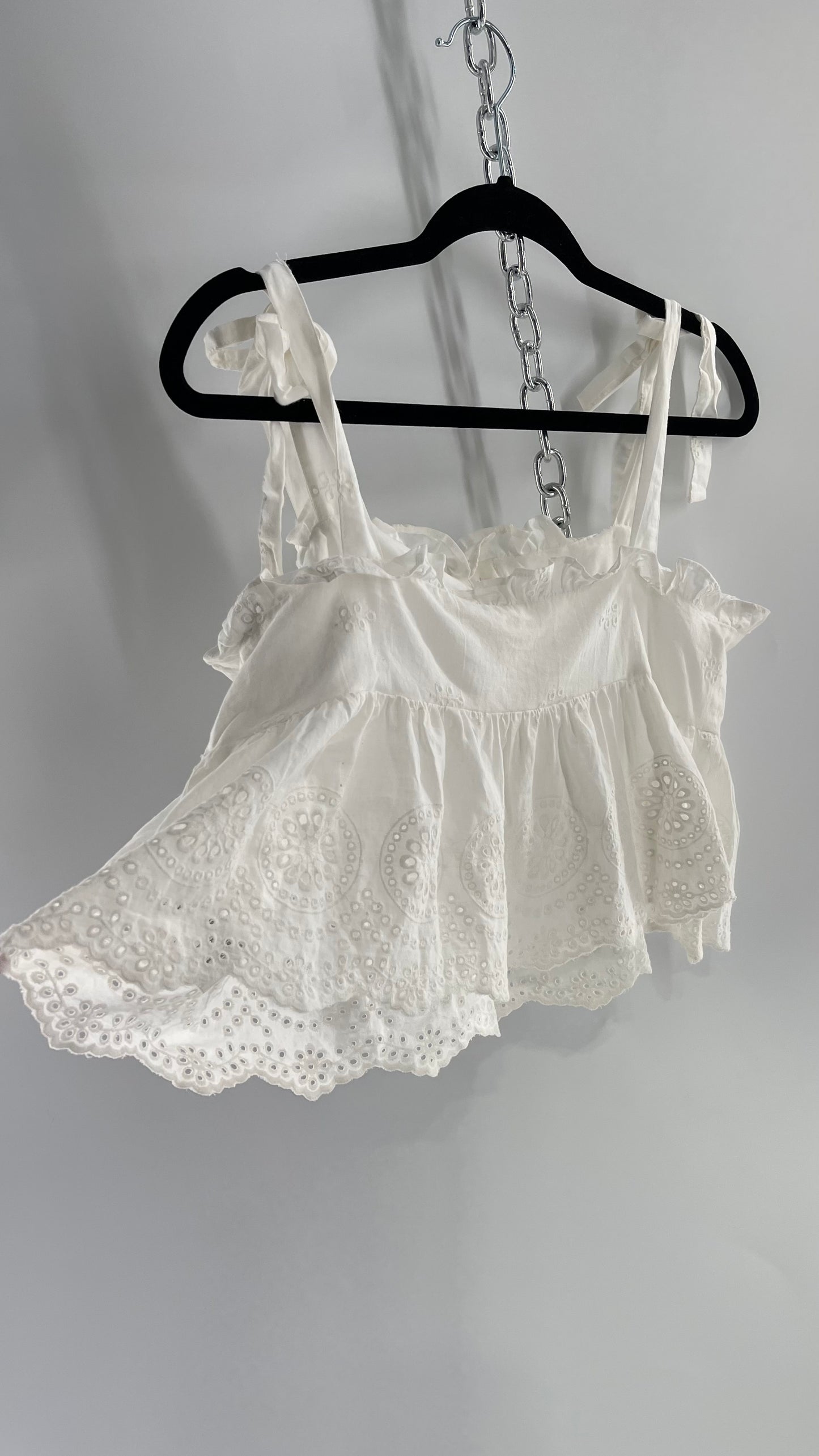 Urban Outfitters Eyelet Lace Hem Tank with Bow Shoulders (Large)